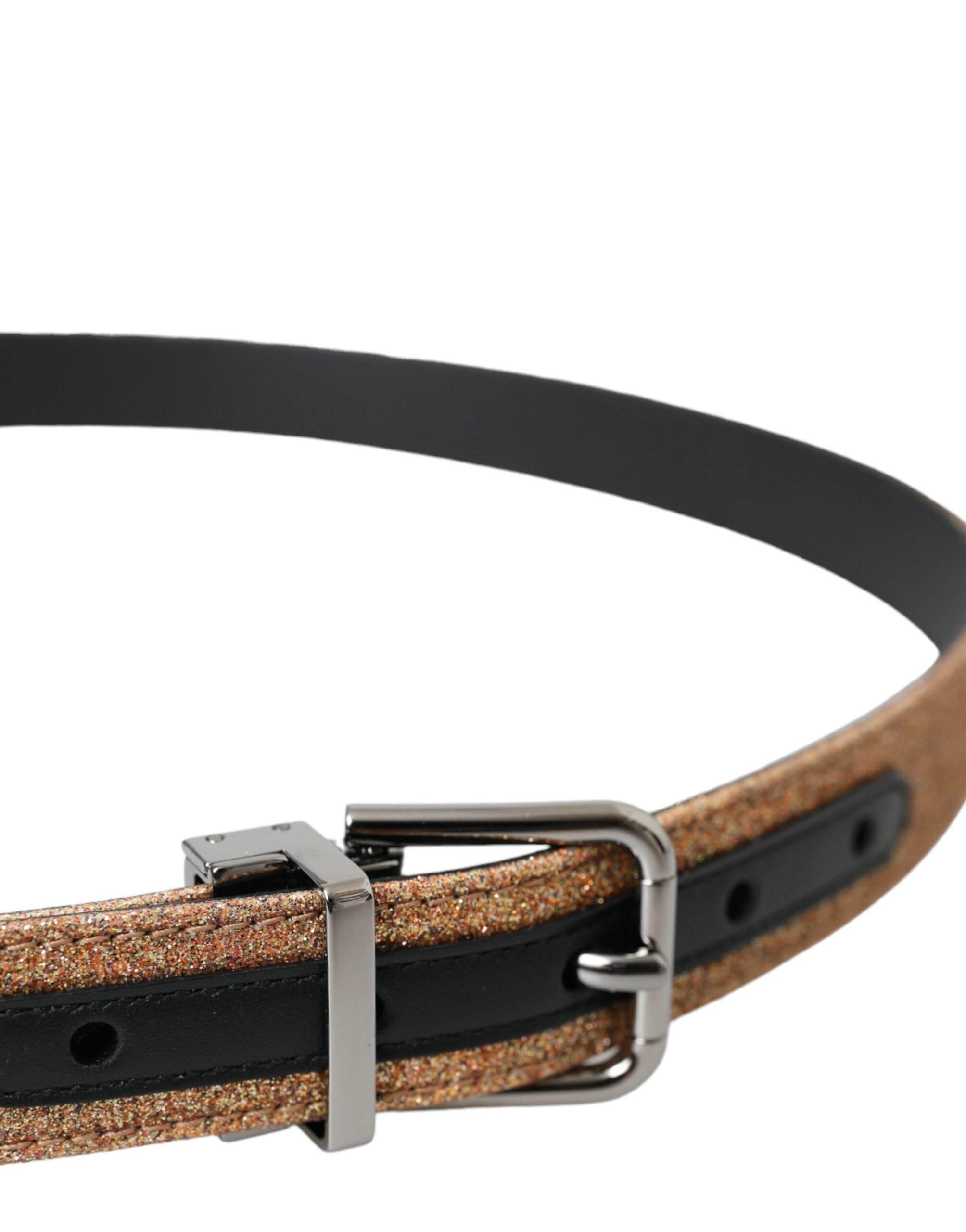 Dolce & Gabbana Gold Glitter Leather Silver Metal Buckle Belt - Hilstor