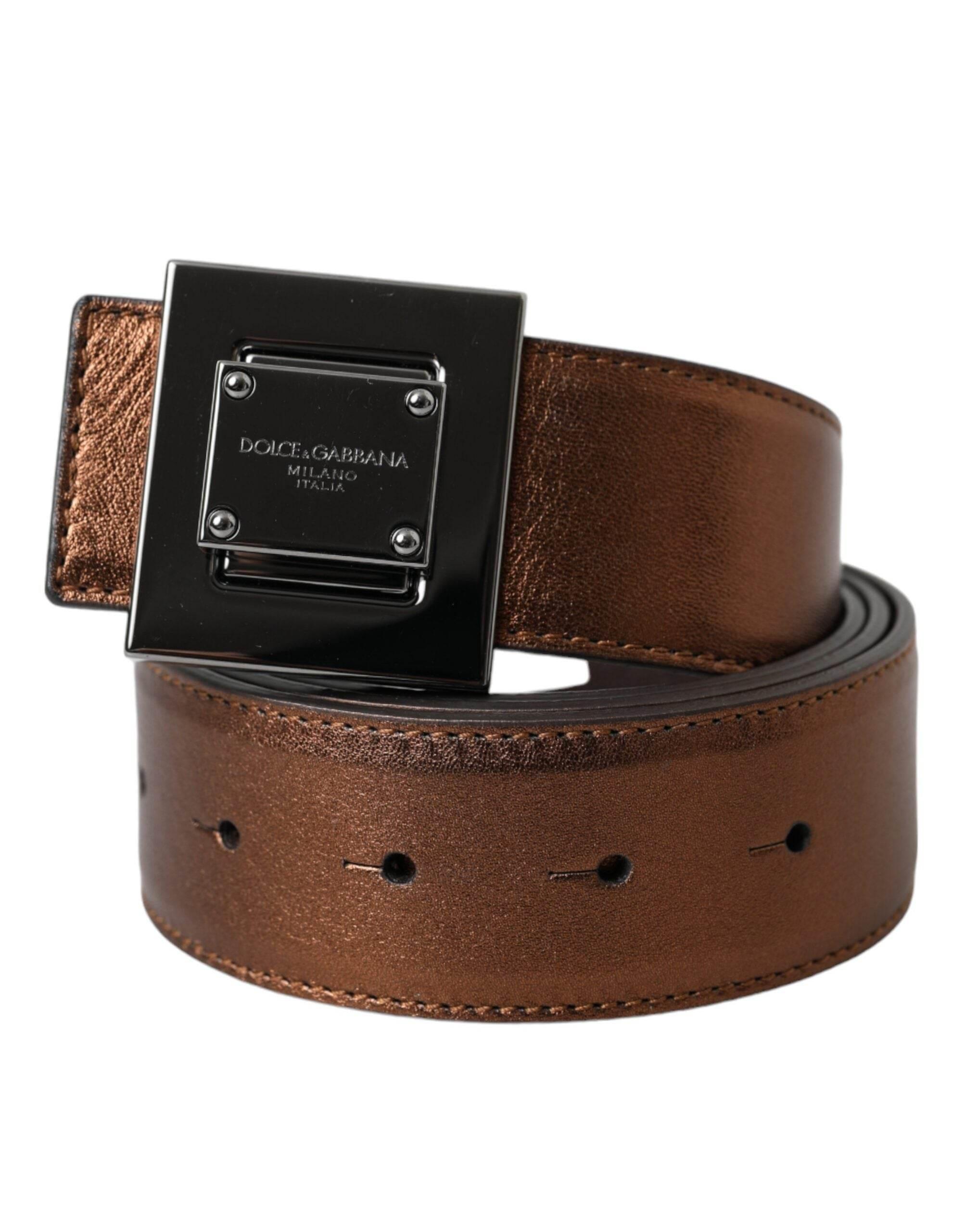 Dolce & Gabbana Metallic Bronze Leather Square Metal Buckle Belt - Hilstor