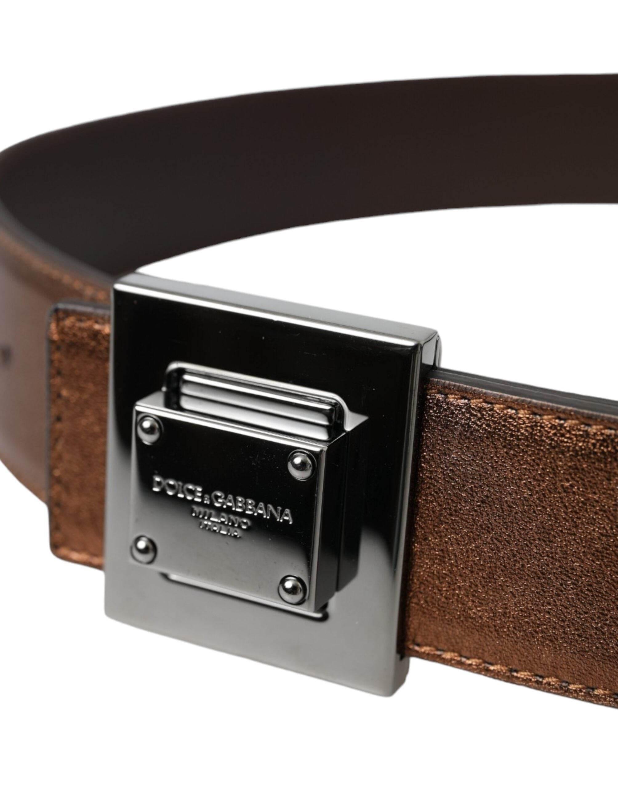 Dolce & Gabbana Metallic Bronze Leather Square Metal Buckle Belt - Hilstor