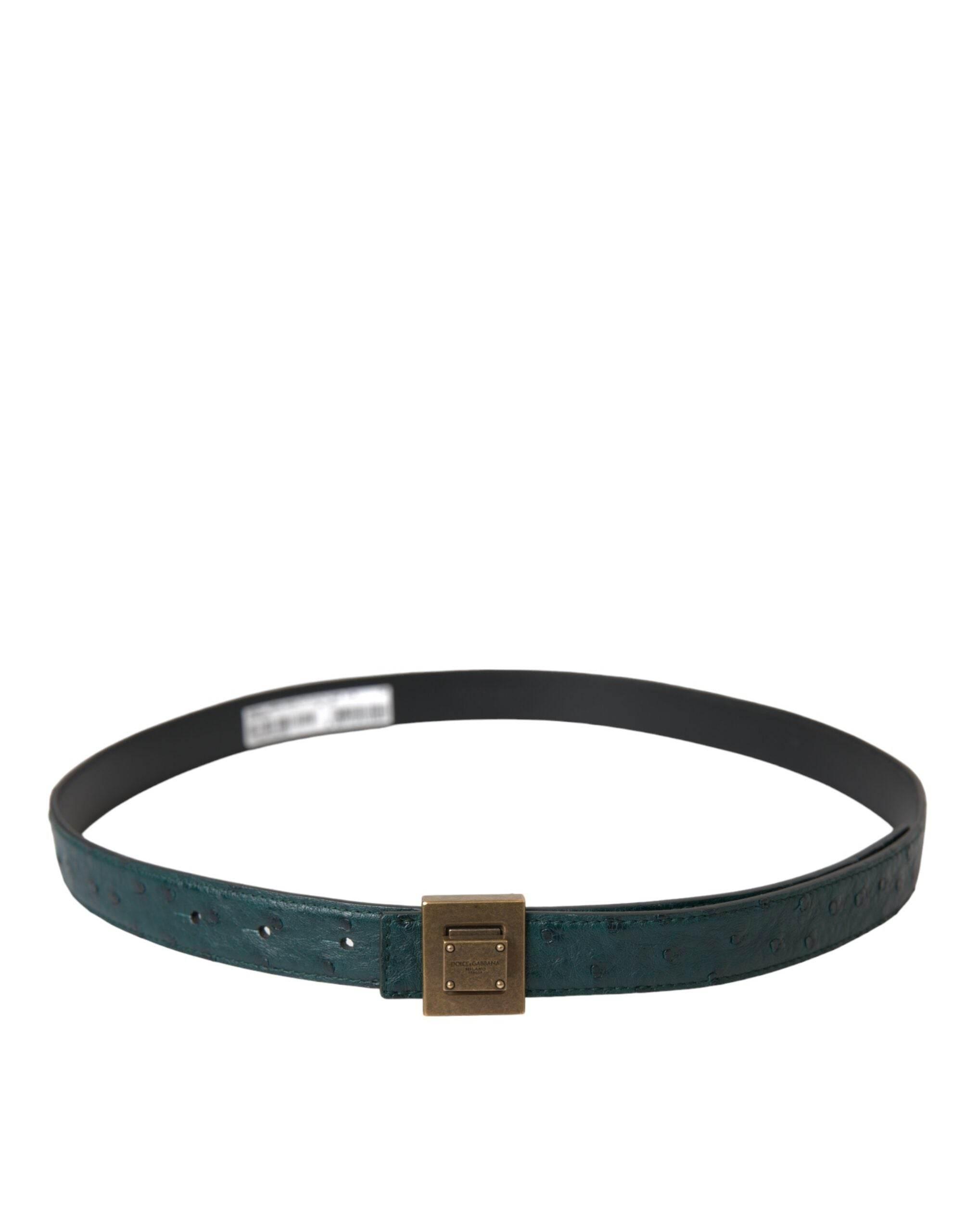 Dolce & Gabbana Dark Green Leather Square Metal Buckle Belt - Hilstor