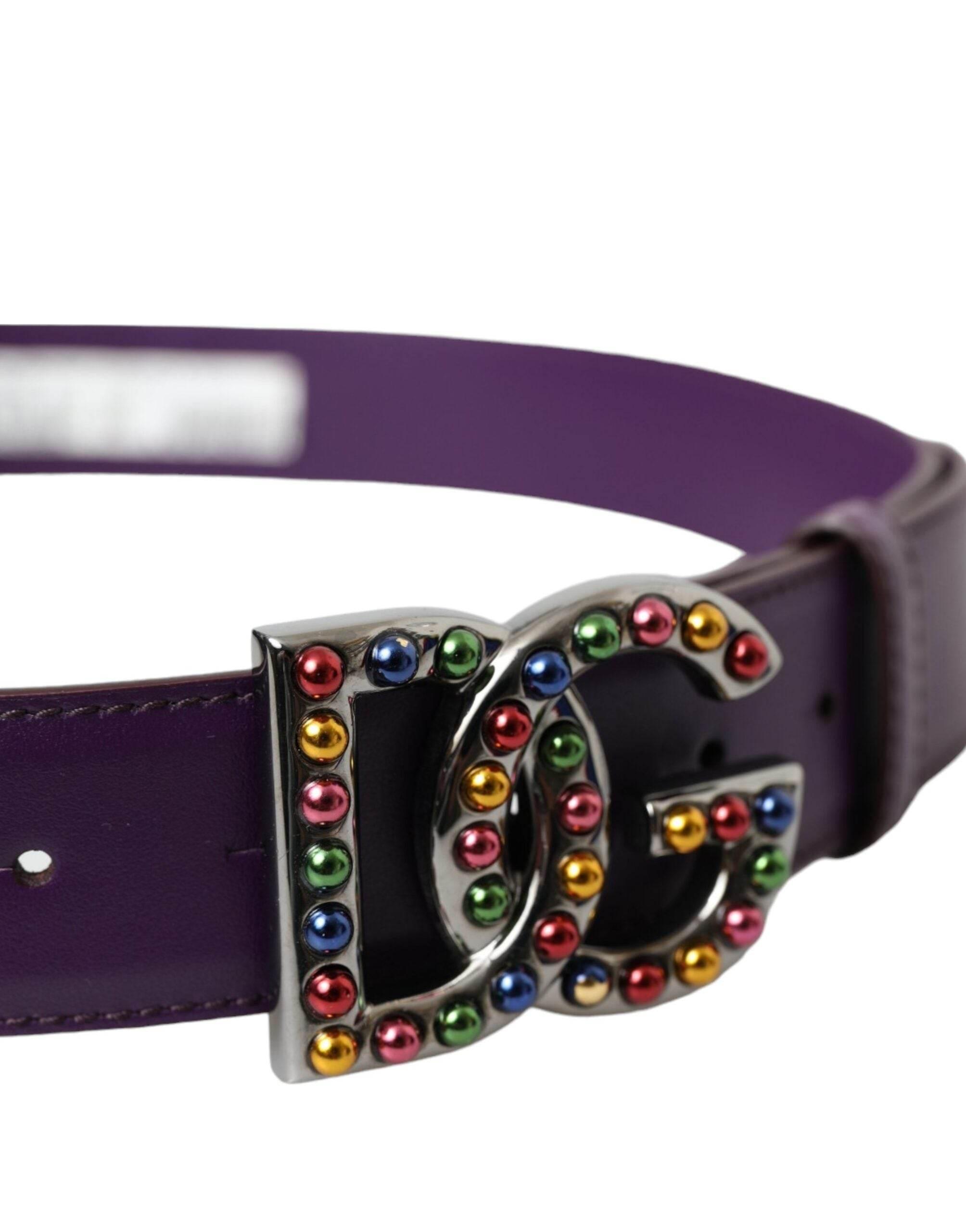 Dolce & Gabbana Purple Leather DG Logo Studs Metal Buckle Belt - Hilstor