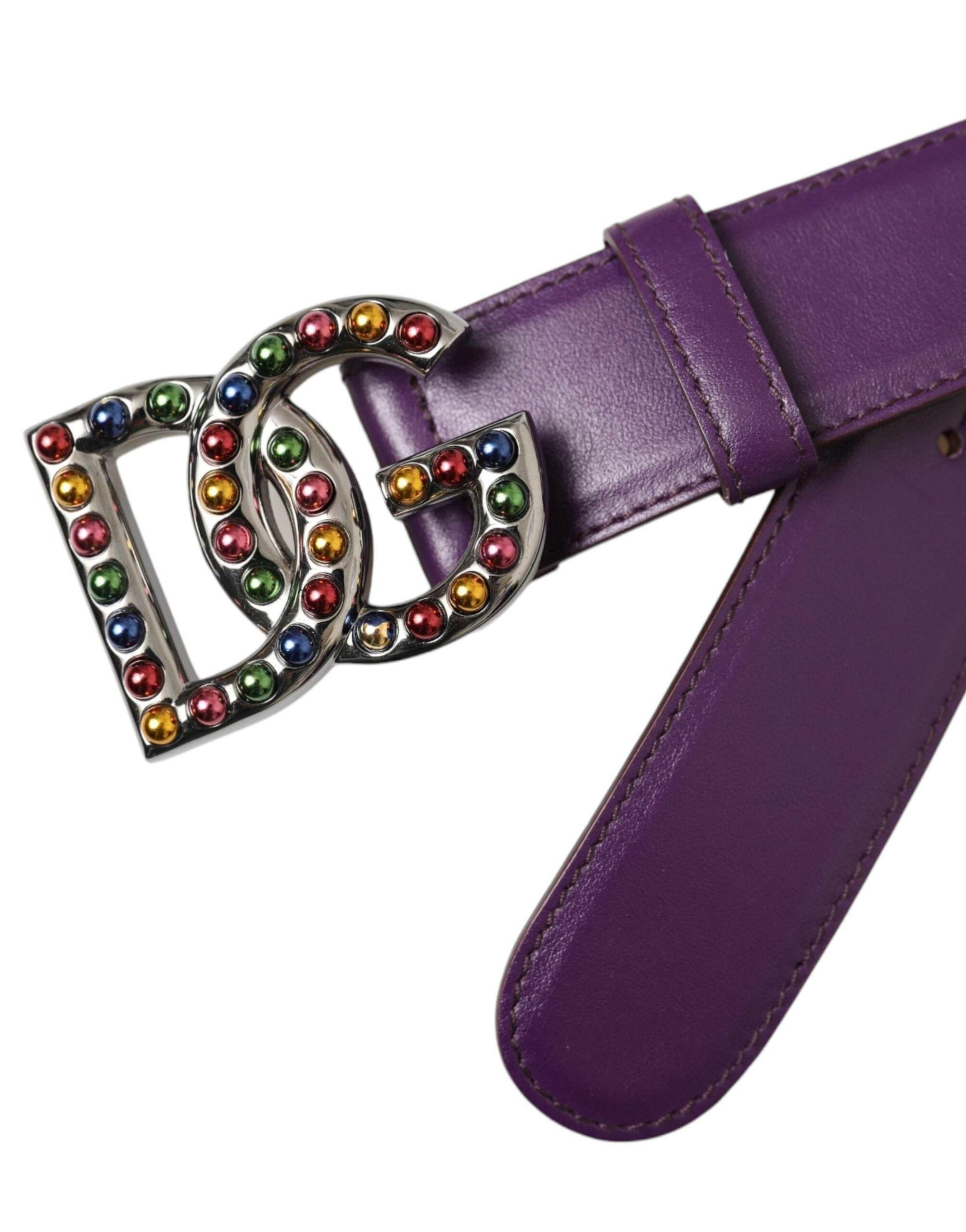 Dolce & Gabbana Purple Leather DG Logo Studs Metal Buckle Belt - Hilstor