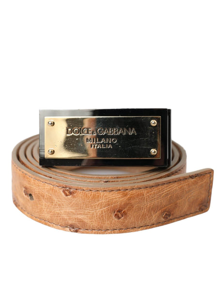 Dolce & Gabbana Beige Leather Gold Logo Engraved Buckle Belt - Hilstor