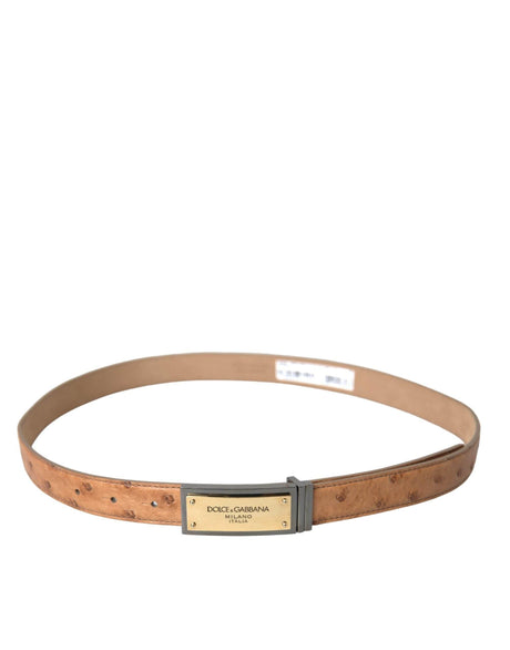 Dolce & Gabbana Beige Leather Gold Logo Engraved Buckle Belt - Hilstor