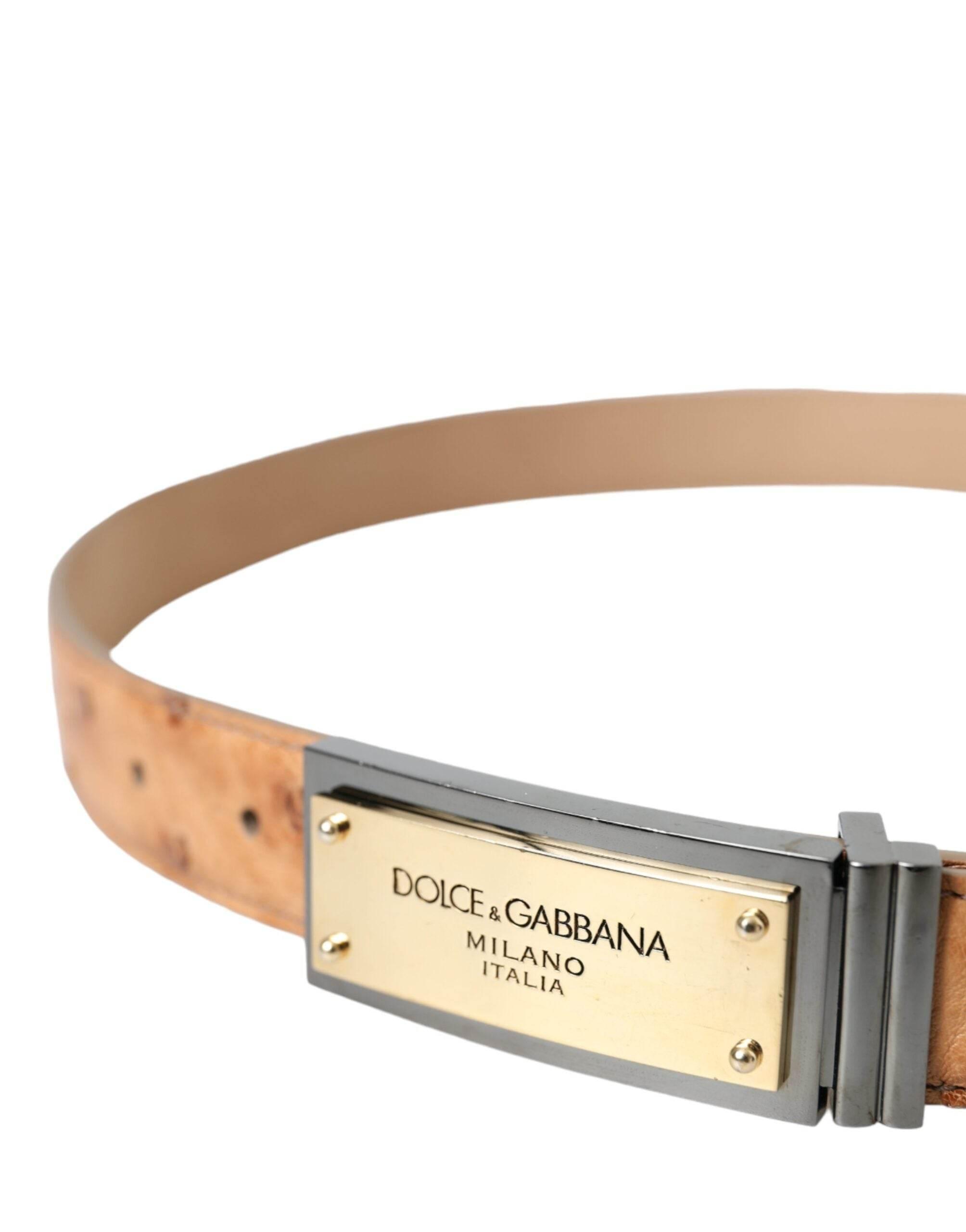 Dolce & Gabbana Beige Leather Gold Logo Engraved Buckle Belt - Hilstor