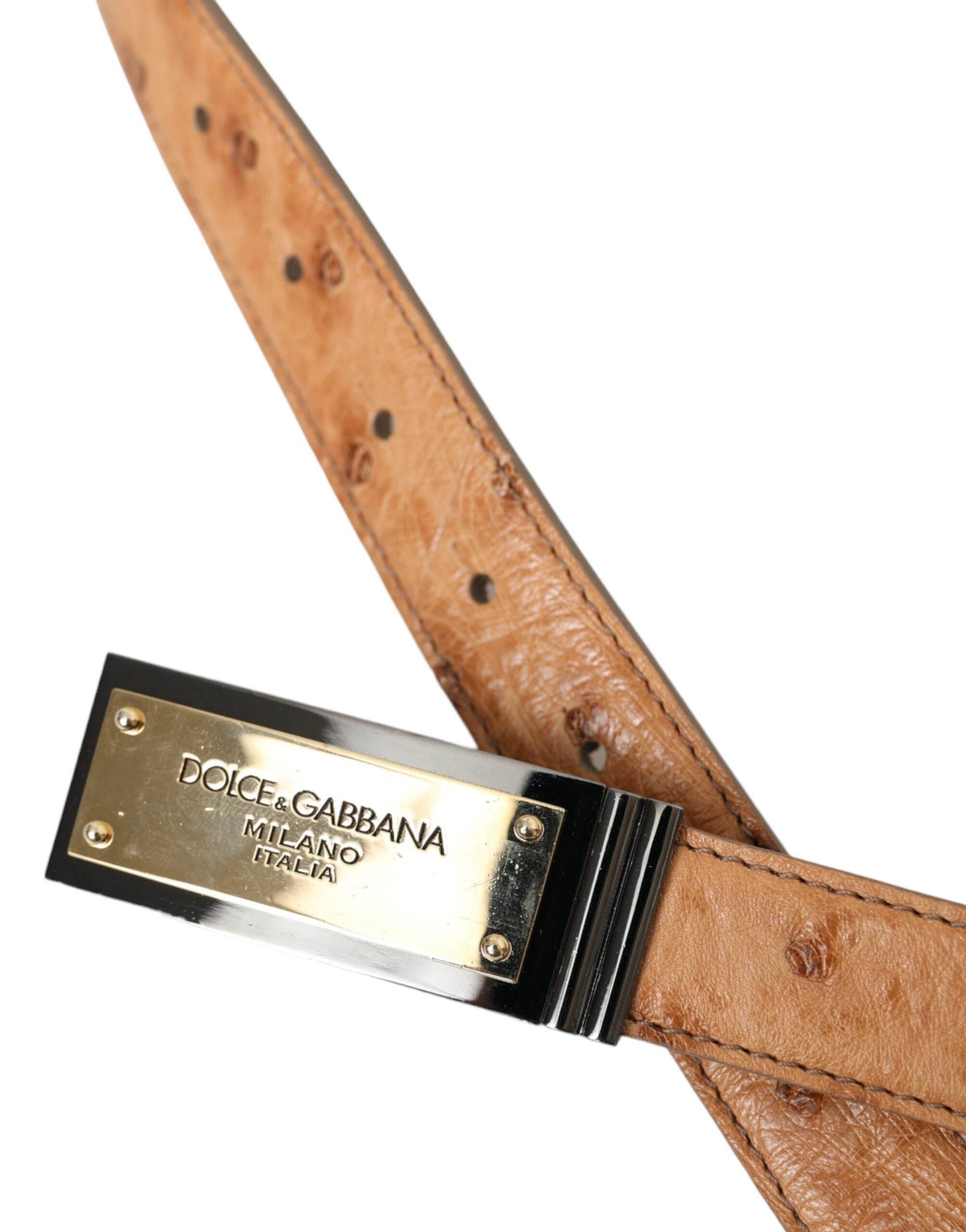 Dolce & Gabbana Beige Leather Gold Logo Engraved Buckle Belt - Hilstor