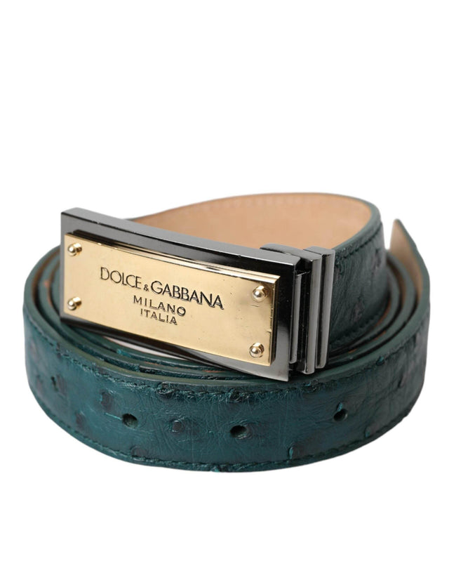 Dolce & Gabbana Green Leather Gold Logo Engraved Buckle Belt - Hilstor