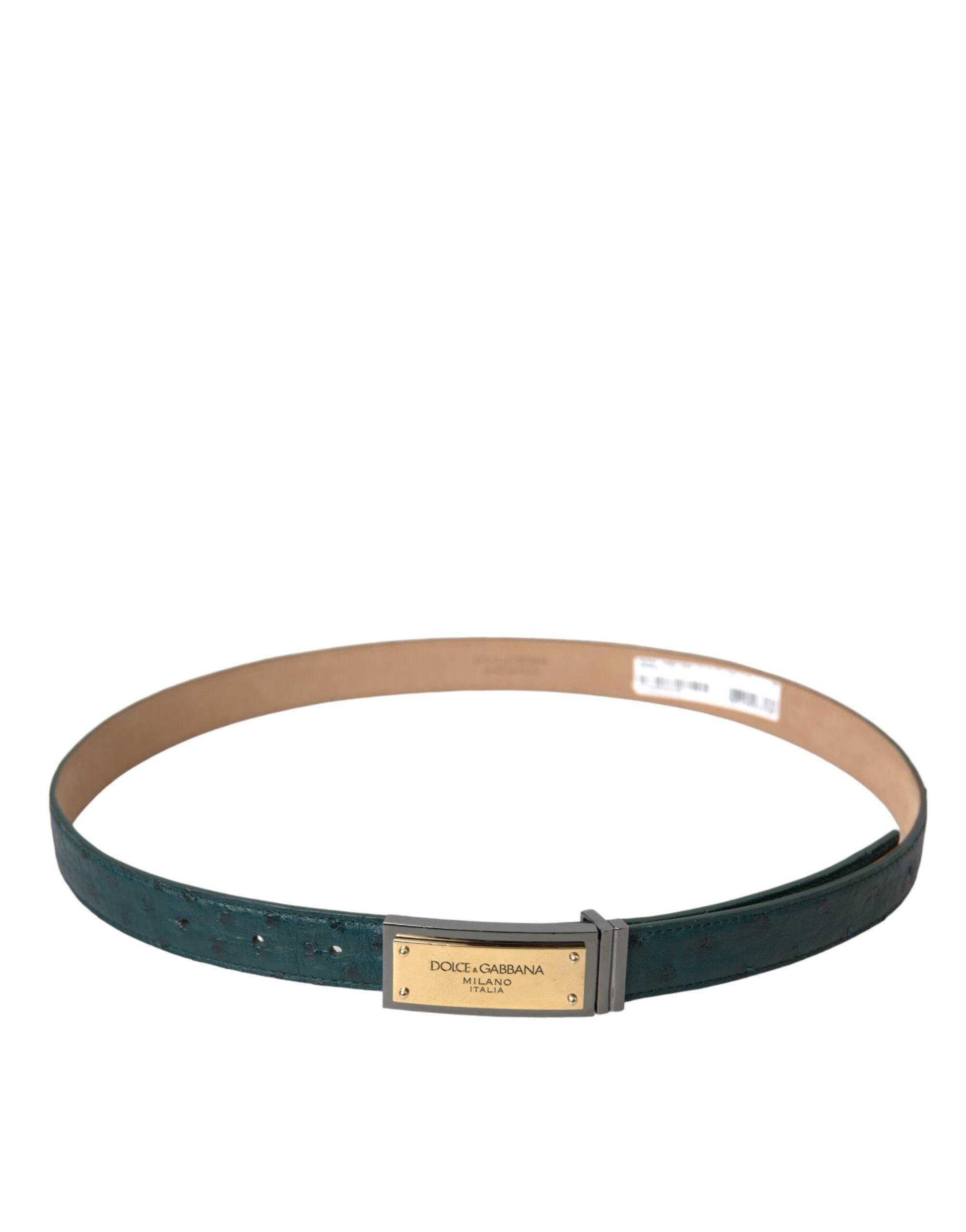 Dolce & Gabbana Green Leather Gold Logo Engraved Buckle Belt - Hilstor