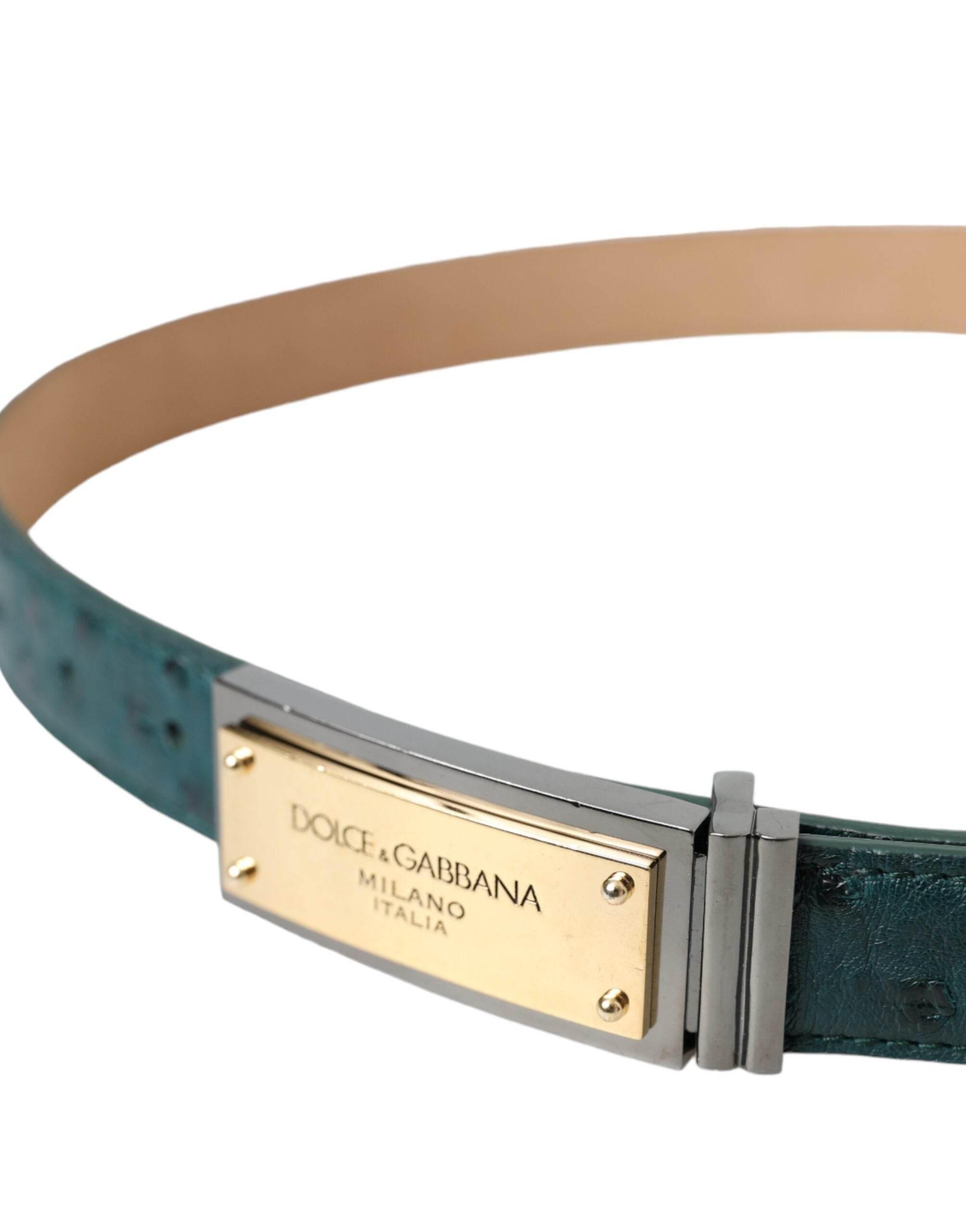 Dolce & Gabbana Green Leather Gold Logo Engraved Buckle Belt - Hilstor