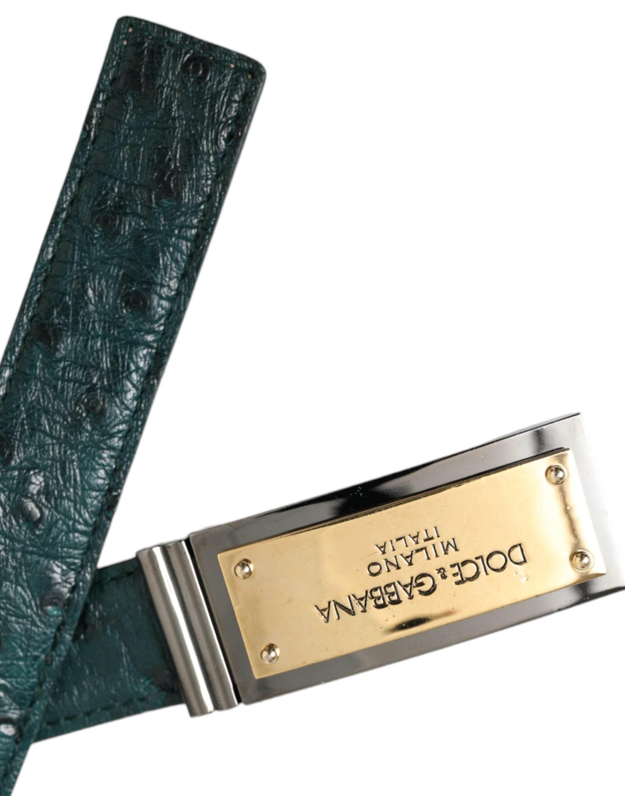 Dolce & Gabbana Green Leather Gold Logo Engraved Buckle Belt - Hilstor