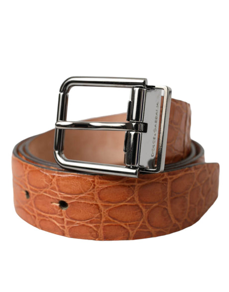 Dolce & Gabbana Brown Exotic Leather Silver Metal Buckle Belt - Hilstor