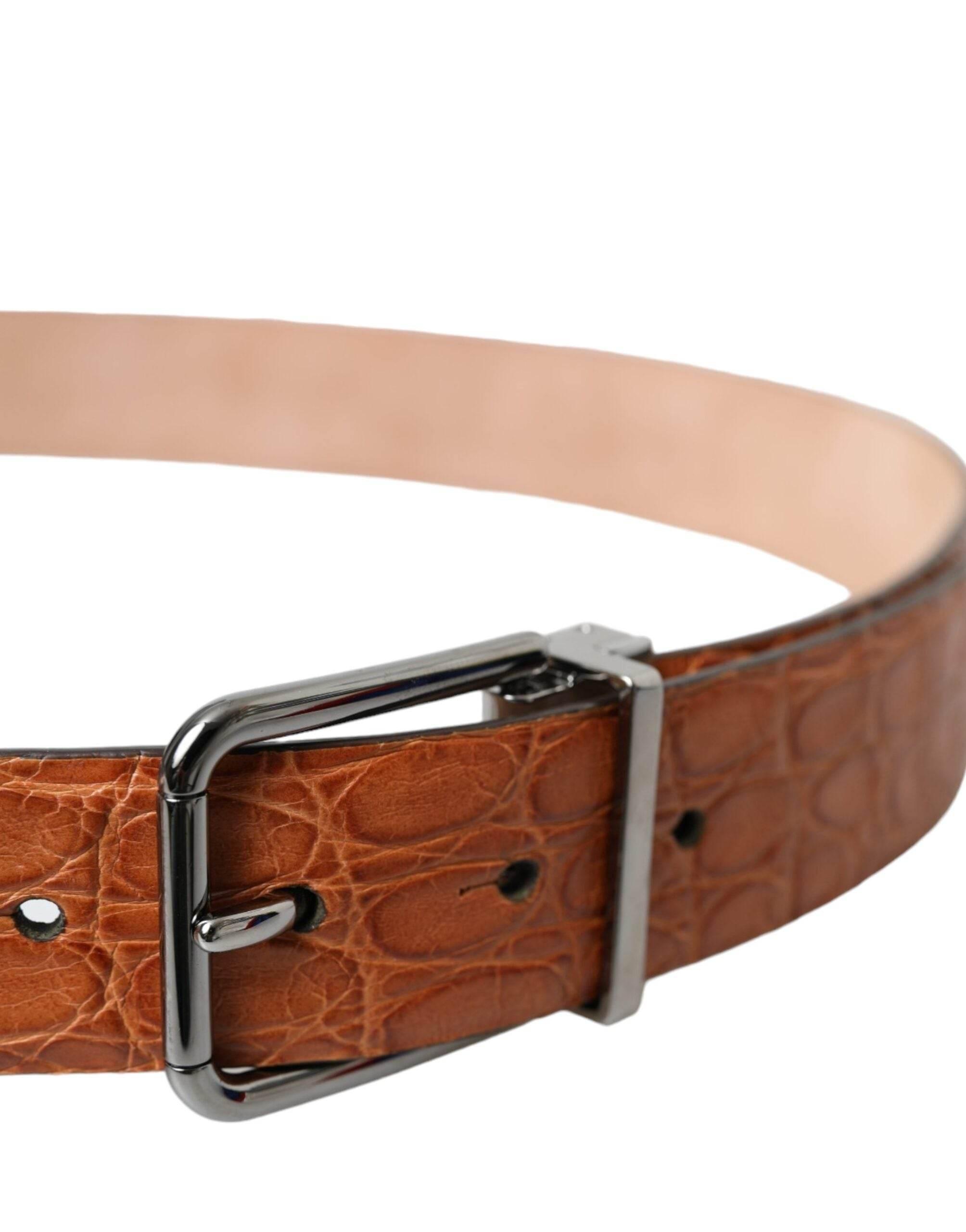 Dolce & Gabbana Brown Exotic Leather Silver Metal Buckle Belt - Hilstor