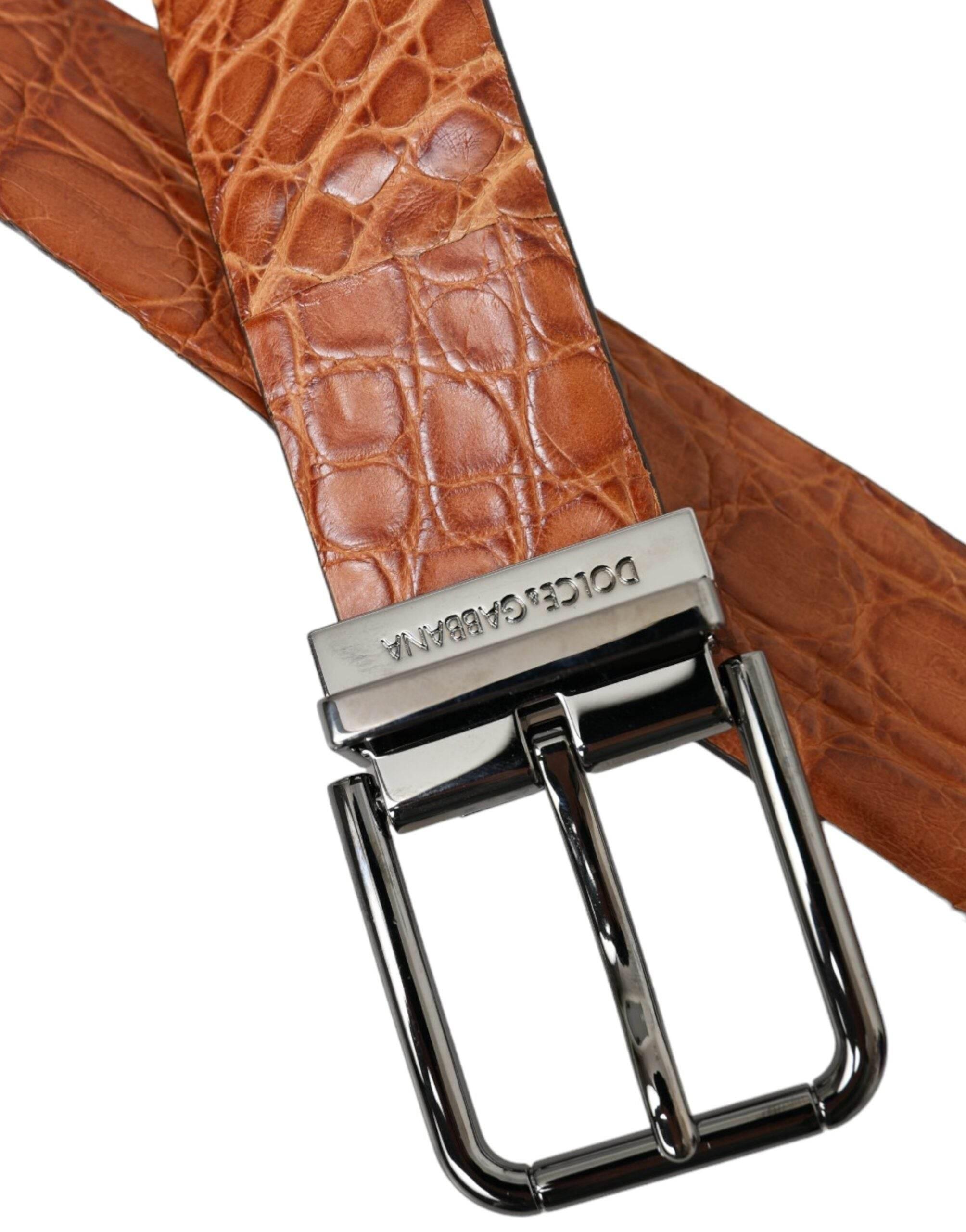 Dolce & Gabbana Brown Exotic Leather Silver Metal Buckle Belt - Hilstor
