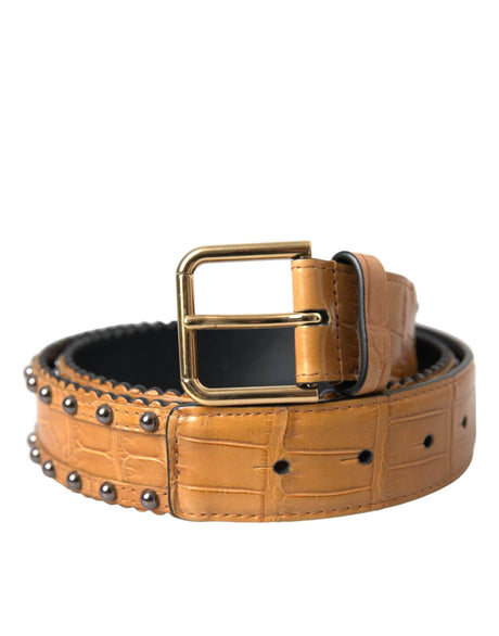 Dolce & Gabbana Beige Alligator Leather Studded Metal Buckle Belt - Hilstor