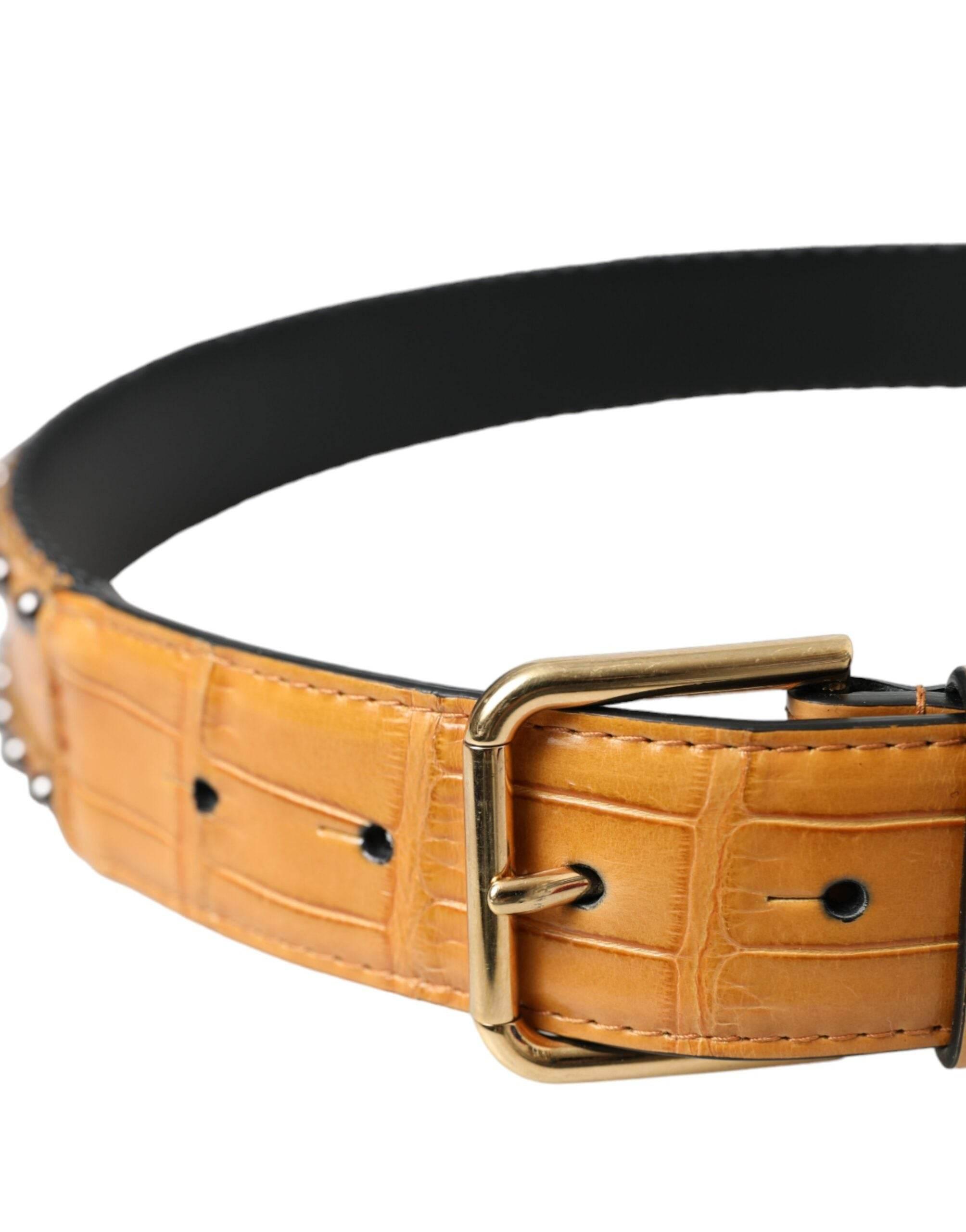 Dolce & Gabbana Beige Alligator Leather Studded Metal Buckle Belt - Hilstor