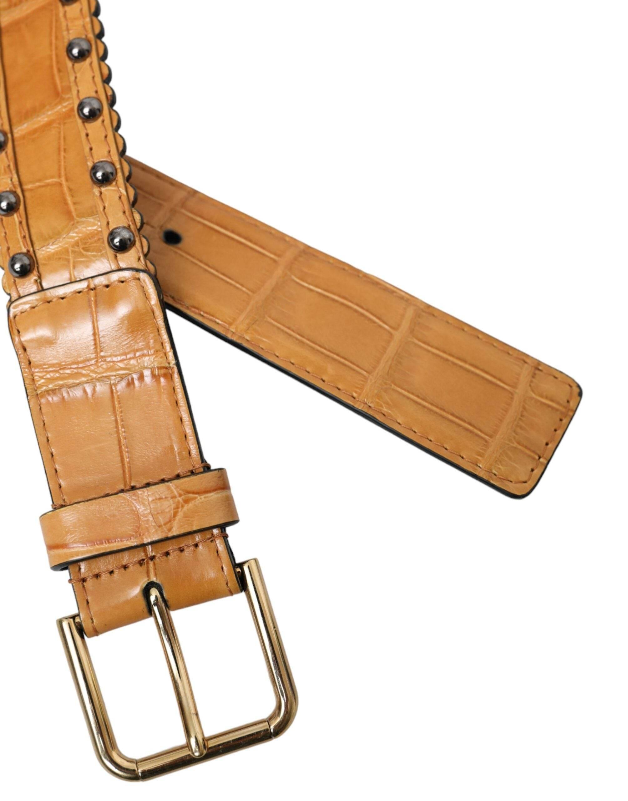 Dolce & Gabbana Beige Alligator Leather Studded Metal Buckle Belt - Hilstor