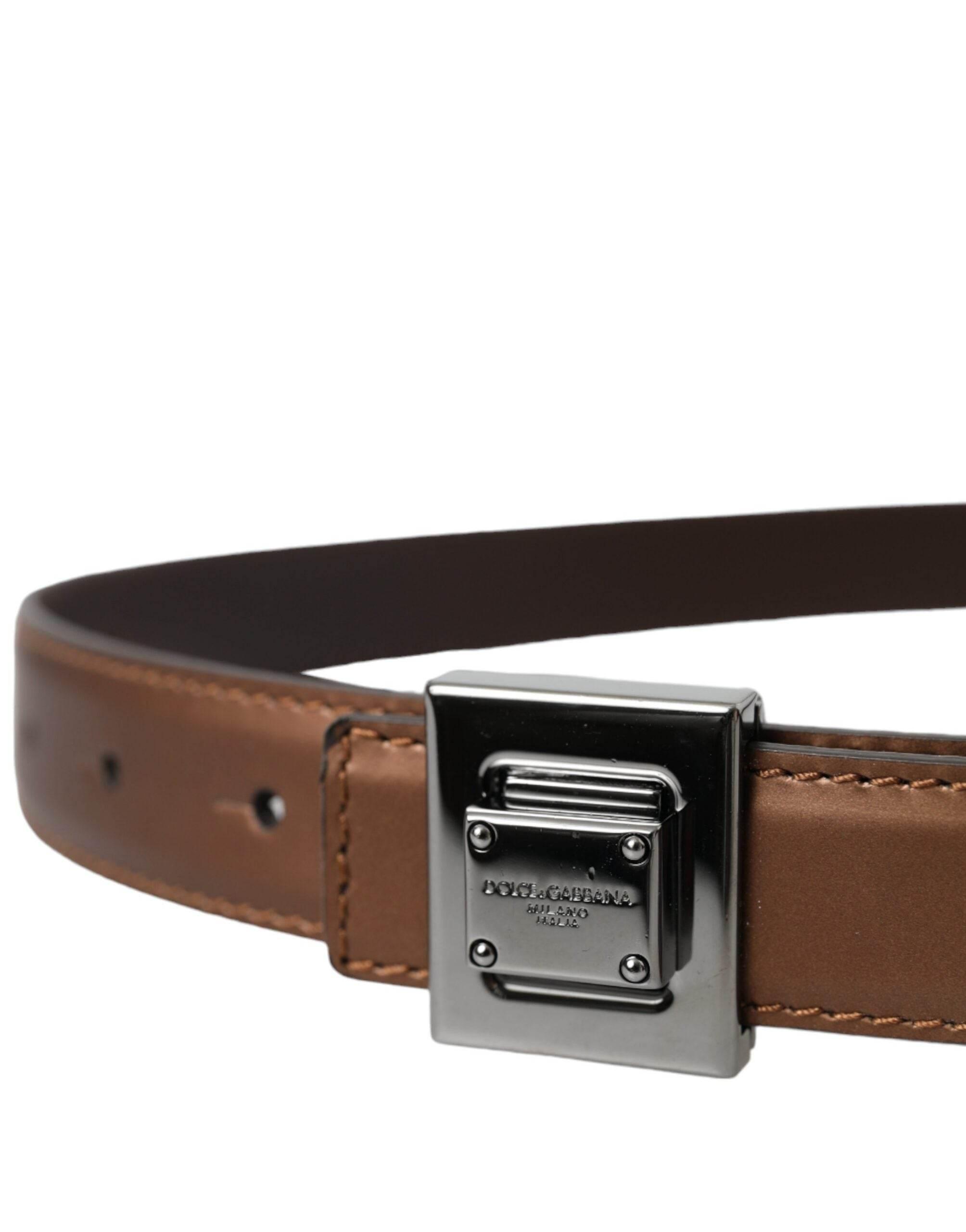 Dolce & Gabbana Bronze Leather Square Metal Buckle Belt - Hilstor