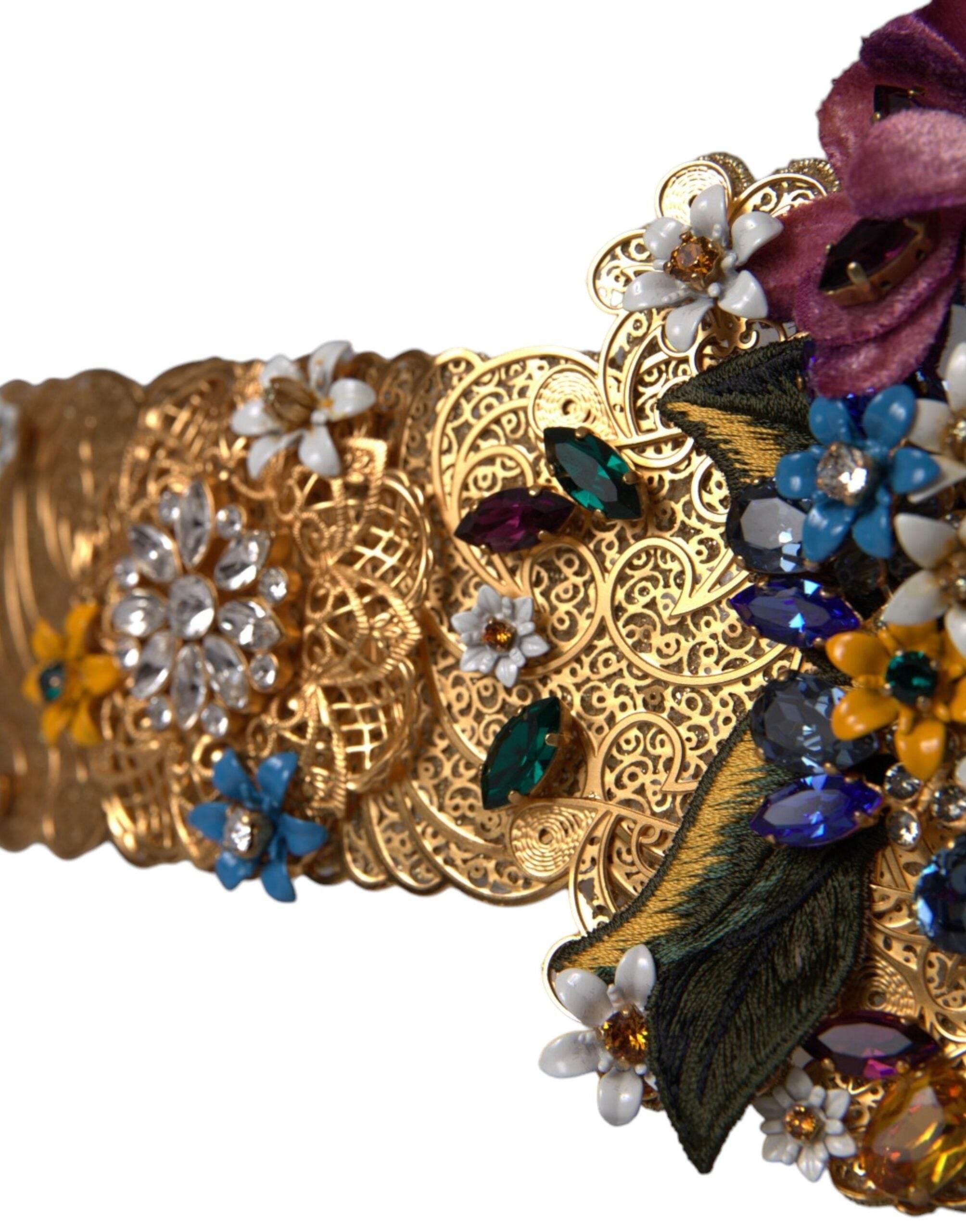 Dolce & Gabbana Multicolor Embellished Floral Crystal Wide Waist Belt - Hilstor
