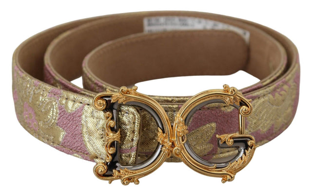 Dolce & Gabbana Pink Jaquard DG Logo Gold Metal Buckle Belt - Hilstor