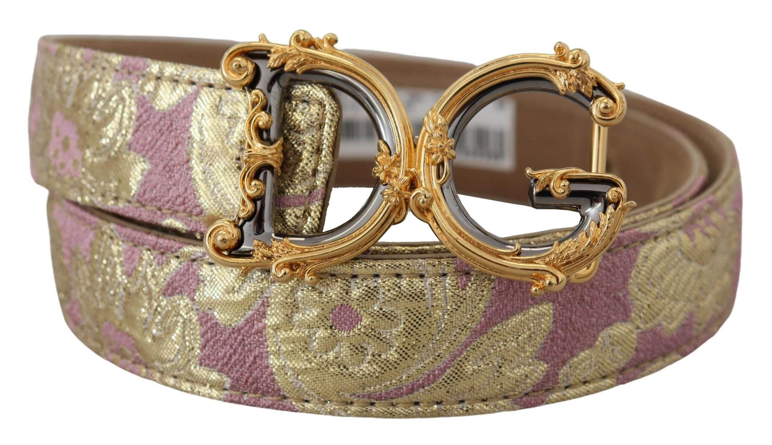 Dolce & Gabbana Pink Jaquard DG Logo Gold Metal Buckle Belt - Hilstor