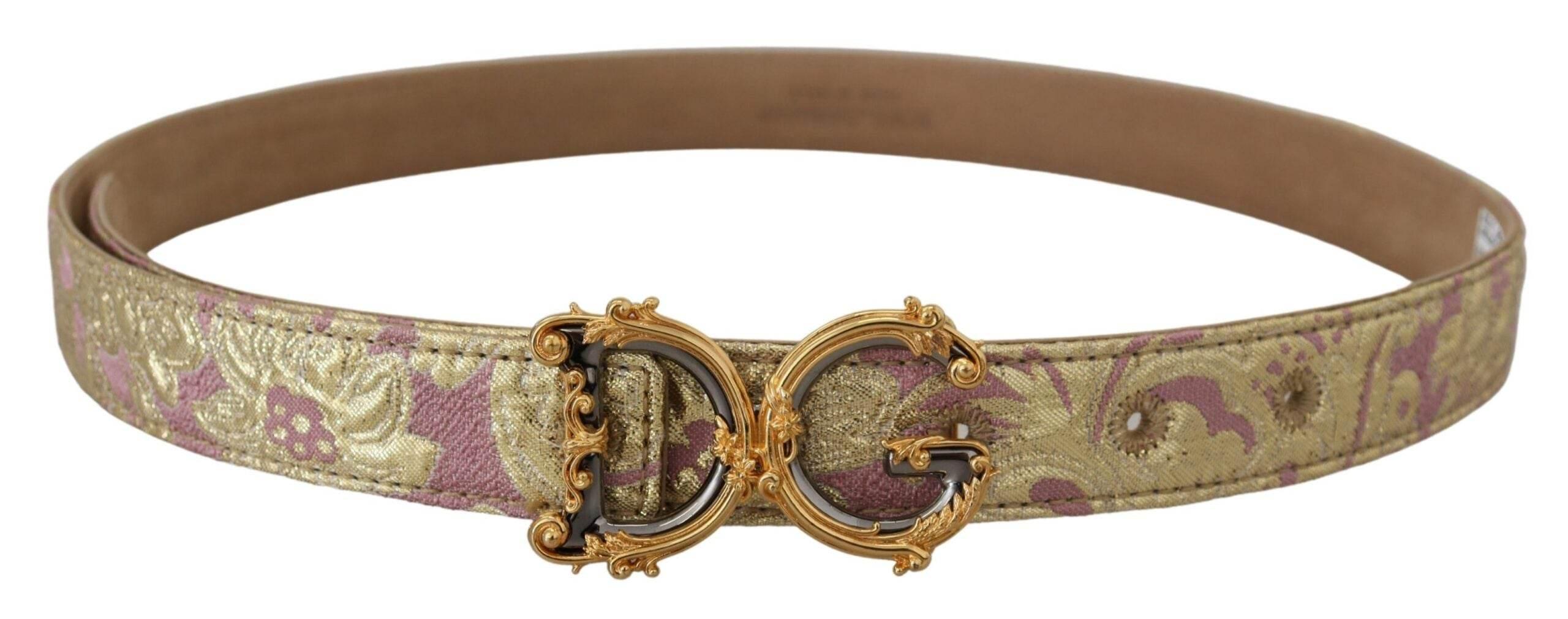 Dolce & Gabbana Pink Jaquard DG Logo Gold Metal Buckle Belt - Hilstor
