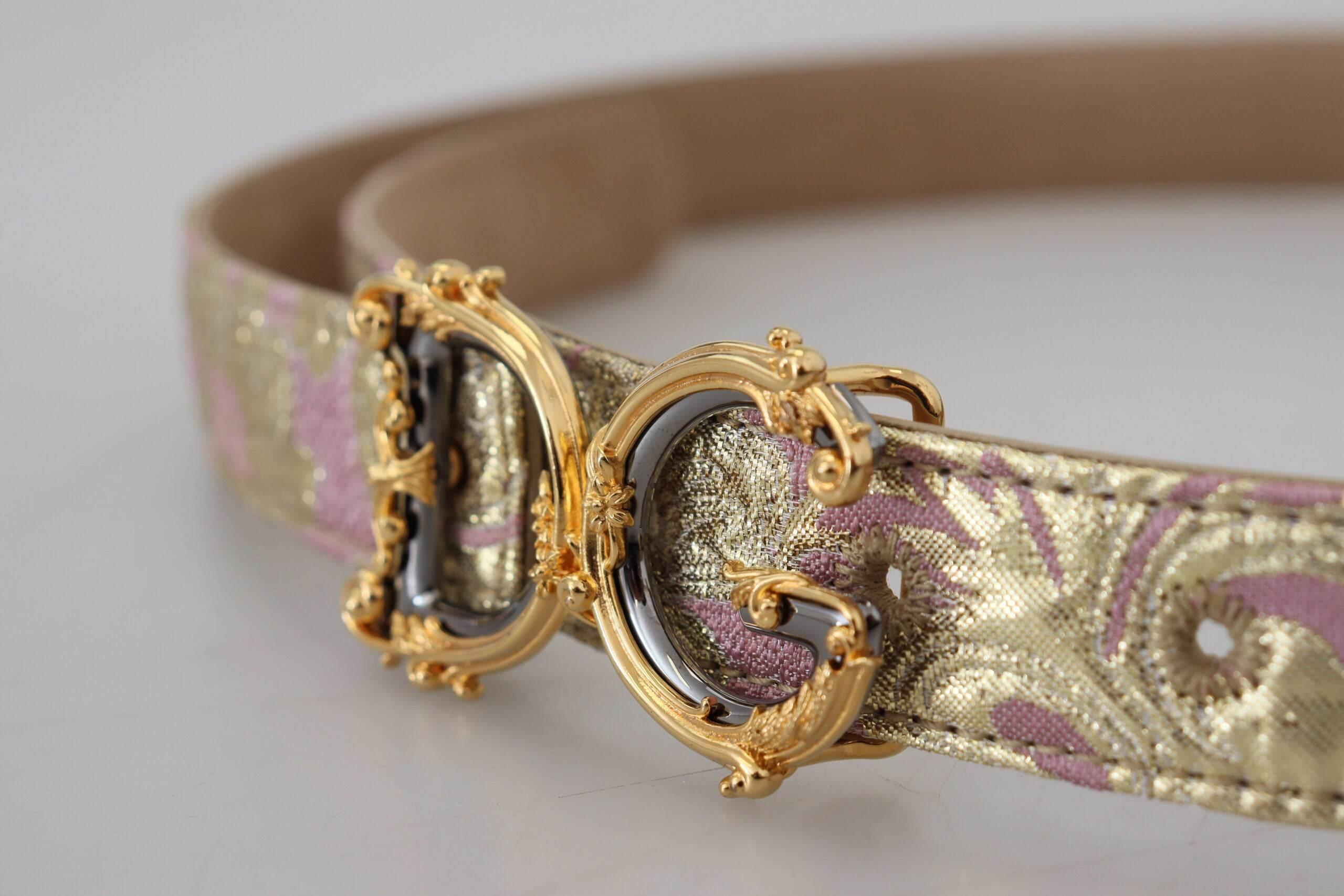 Dolce & Gabbana Pink Jaquard DG Logo Gold Metal Buckle Belt - Hilstor