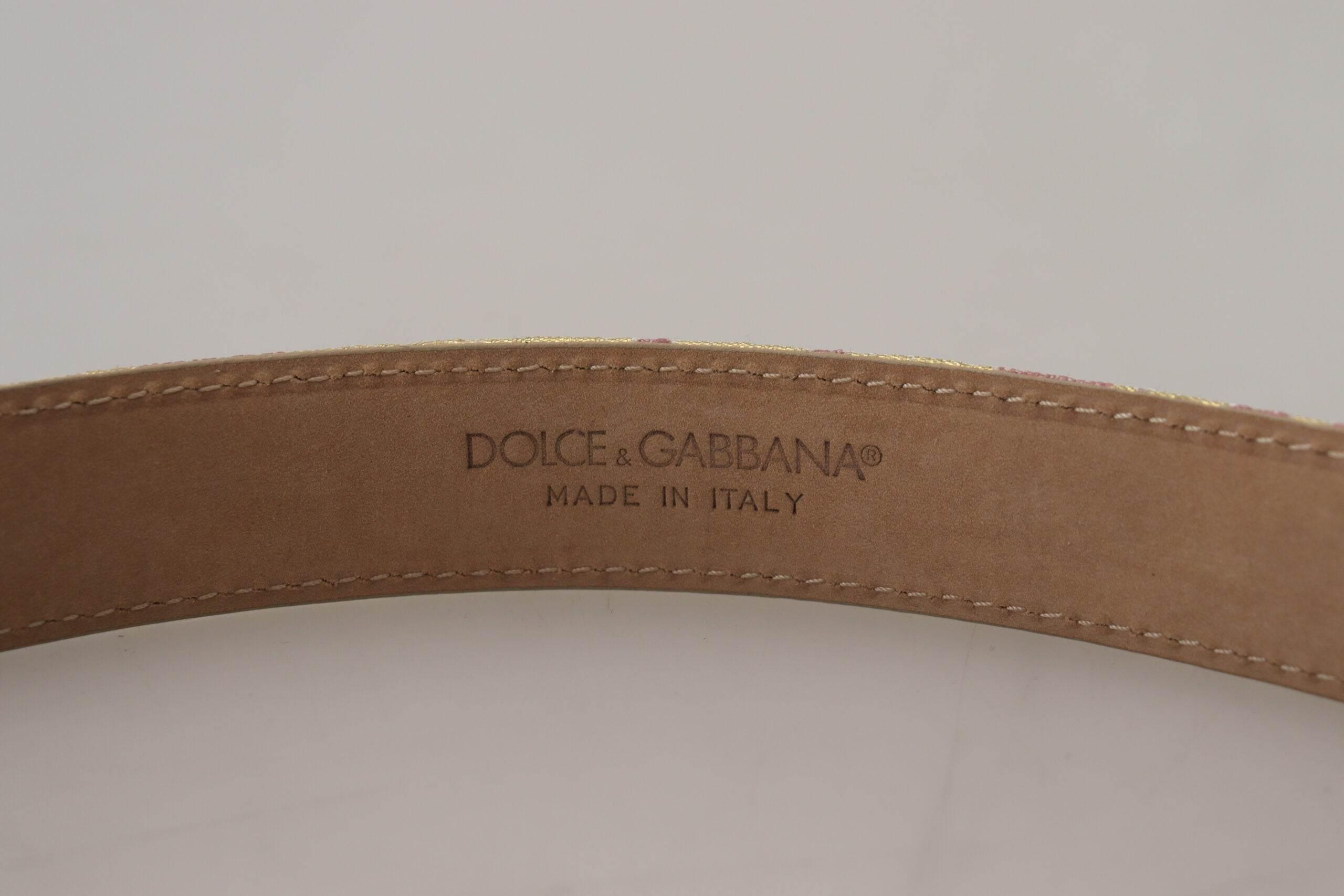 Dolce & Gabbana Pink Jaquard DG Logo Gold Metal Buckle Belt - Hilstor