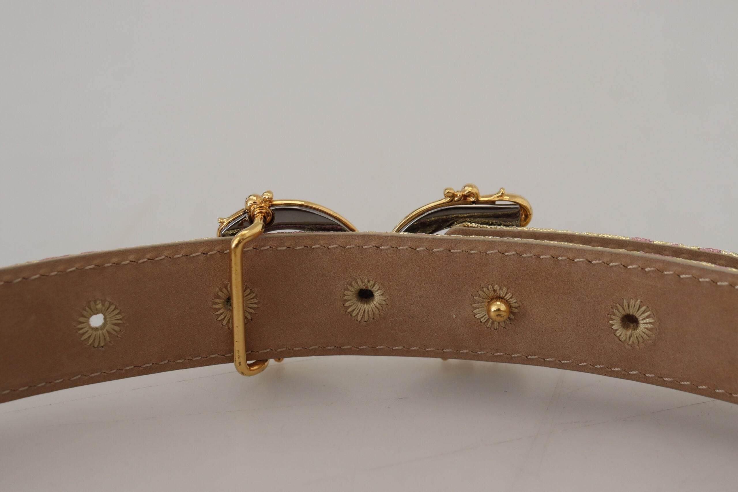 Dolce & Gabbana Pink Jaquard DG Logo Gold Metal Buckle Belt - Hilstor
