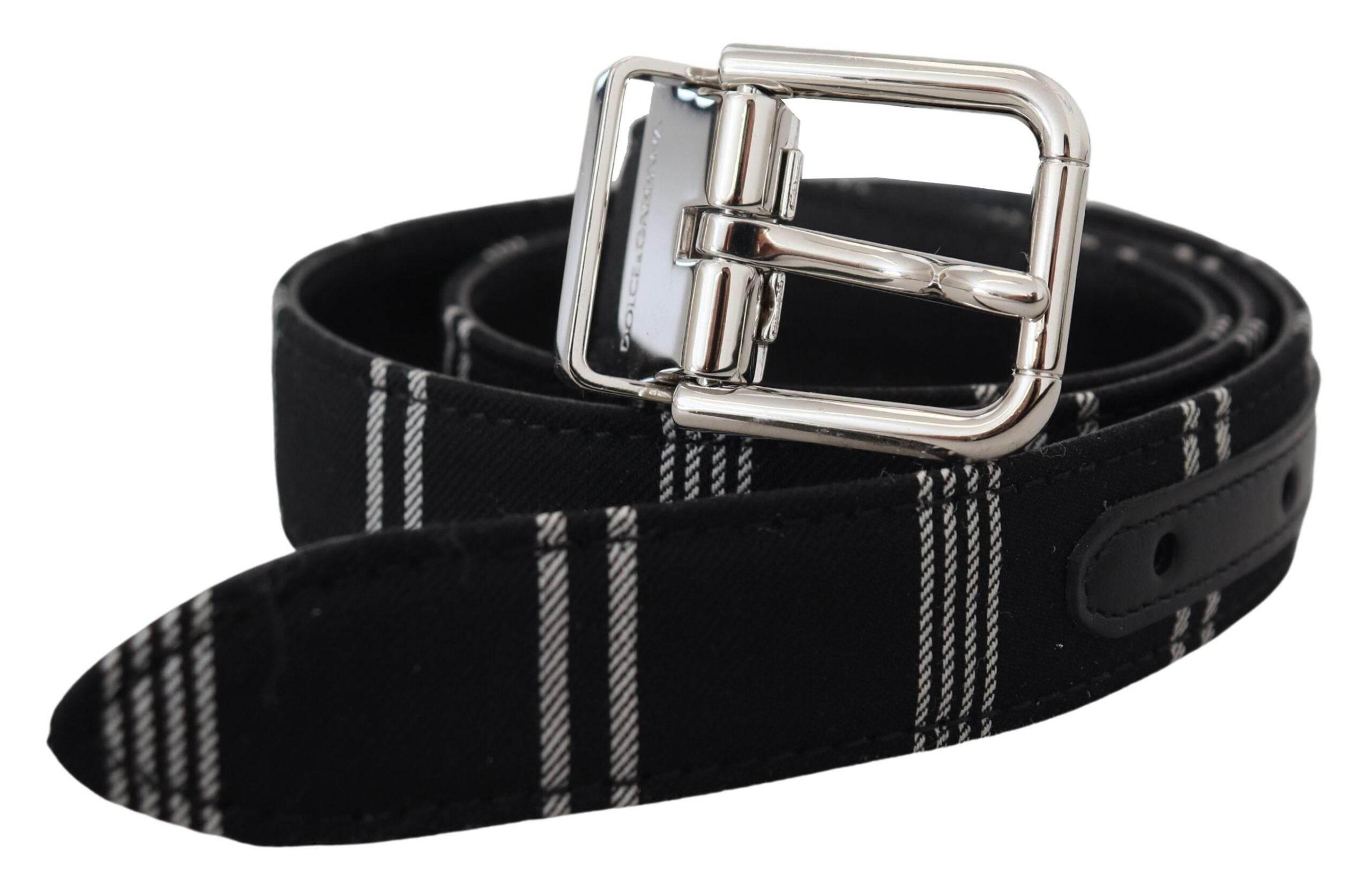Dolce & Gabbana Black White Cotton Metal Silver Buckle Belt - Hilstor