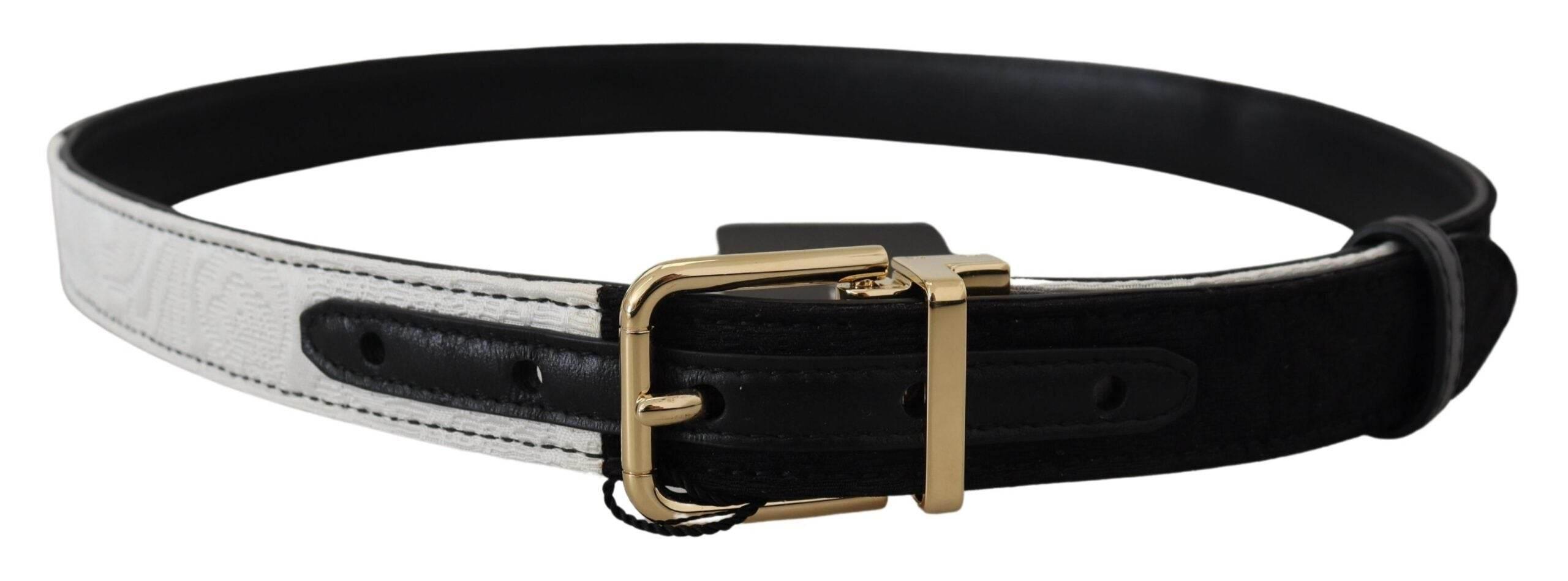 Dolce & Gabbana White Black Patchwork Gold Metal Buckle Belt - Hilstor