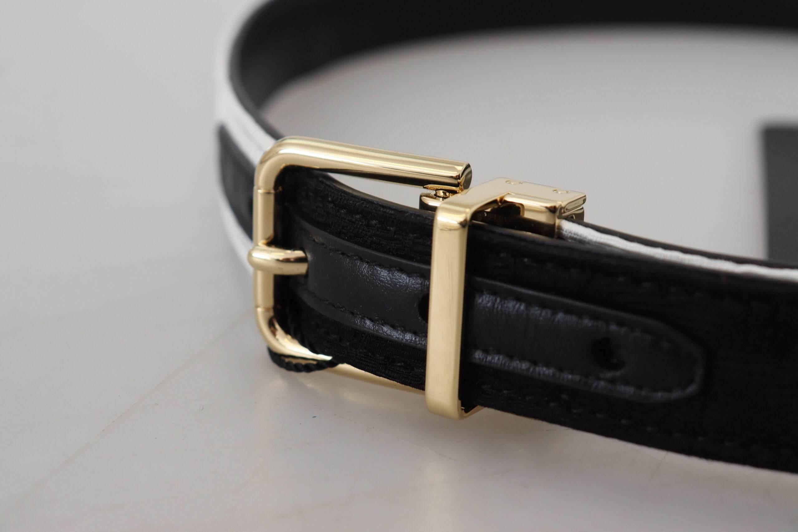 Dolce & Gabbana White Black Patchwork Gold Metal Buckle Belt - Hilstor