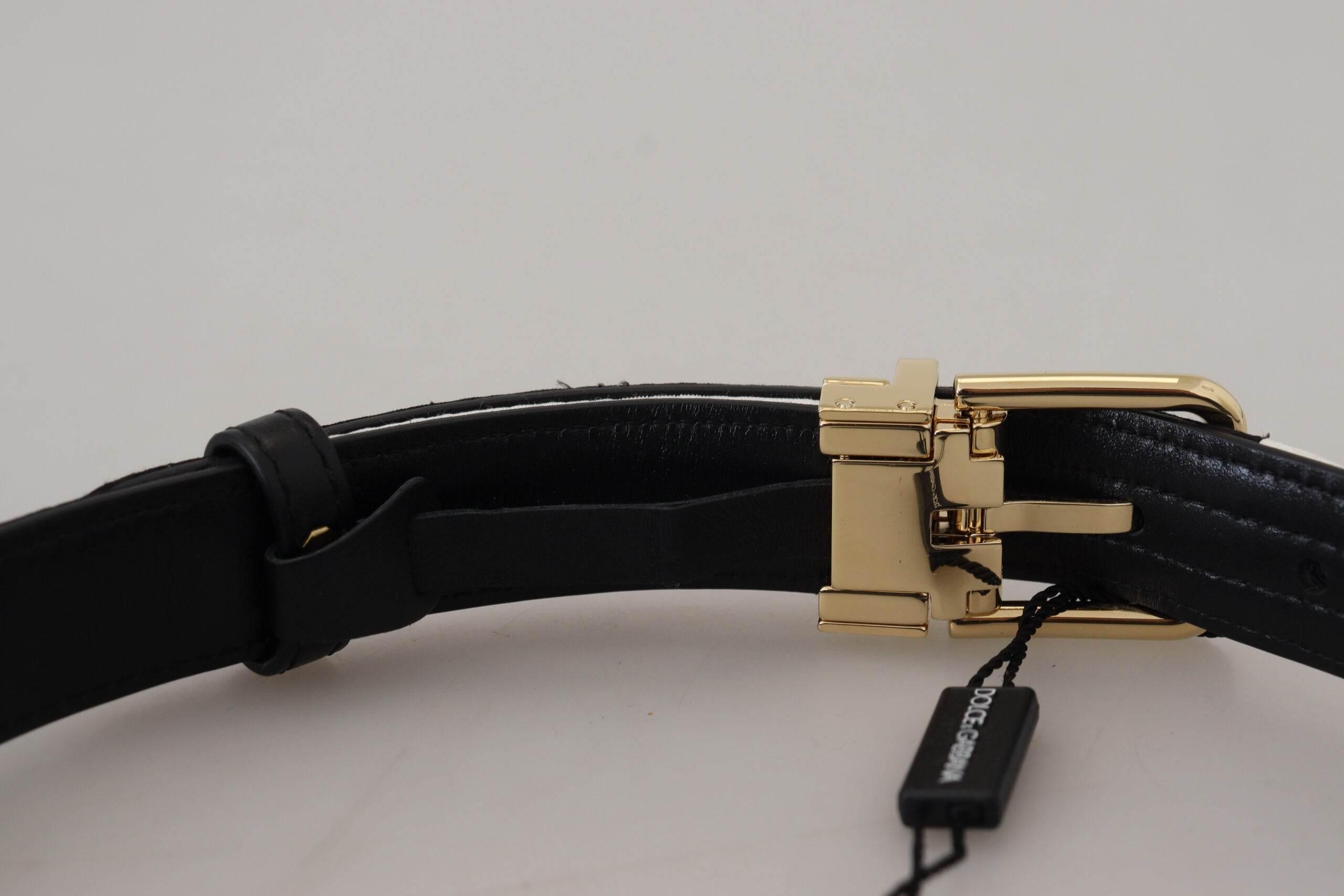 Dolce & Gabbana White Black Patchwork Gold Metal Buckle Belt - Hilstor