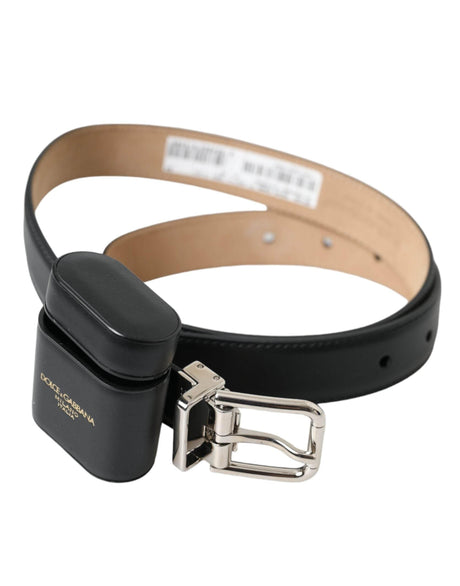 Dolce & Gabbana Black Leather Airpods Case Silver Buckle Belt - Hilstor
