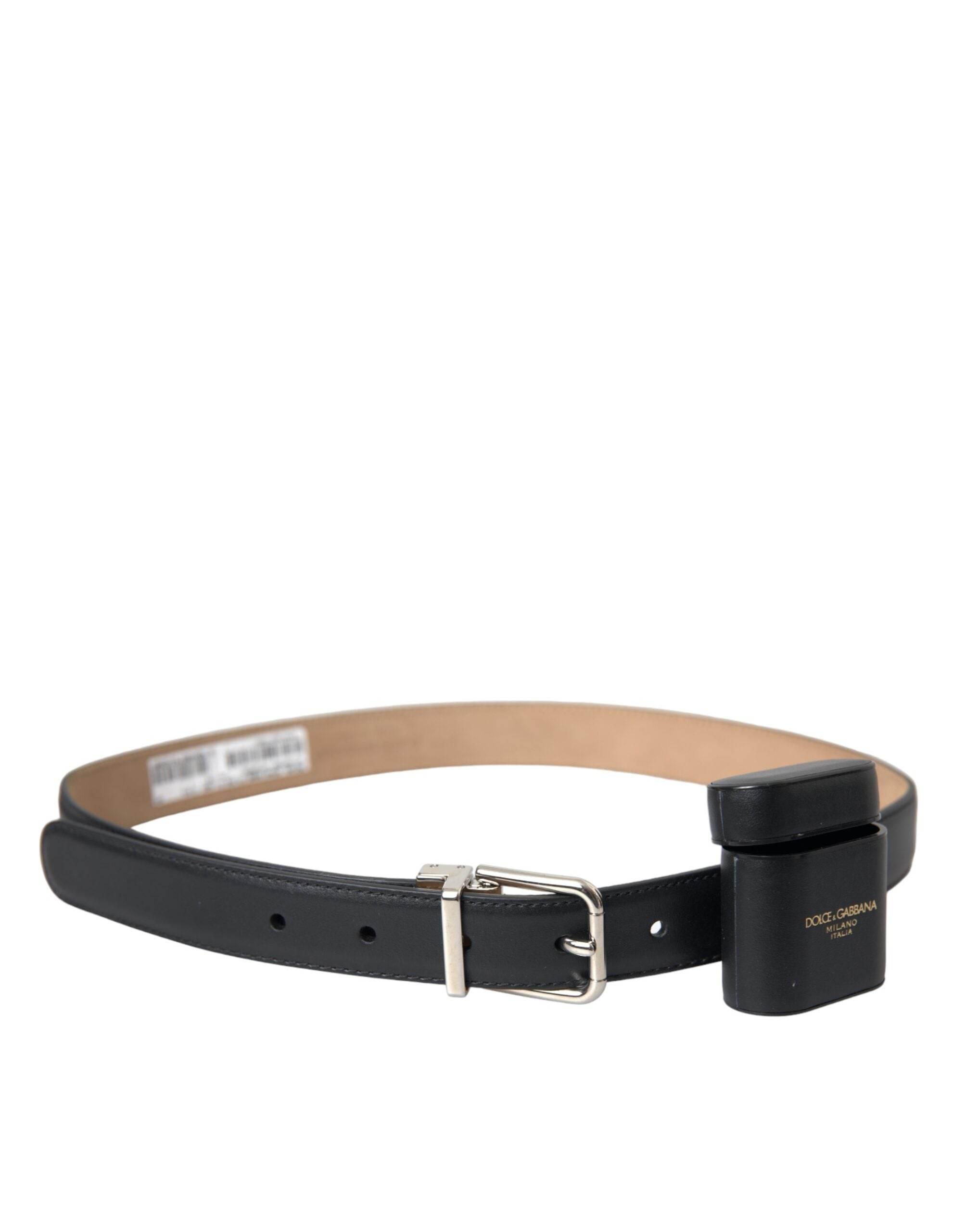 Dolce & Gabbana Black Leather Airpods Case Silver Buckle Belt - Hilstor