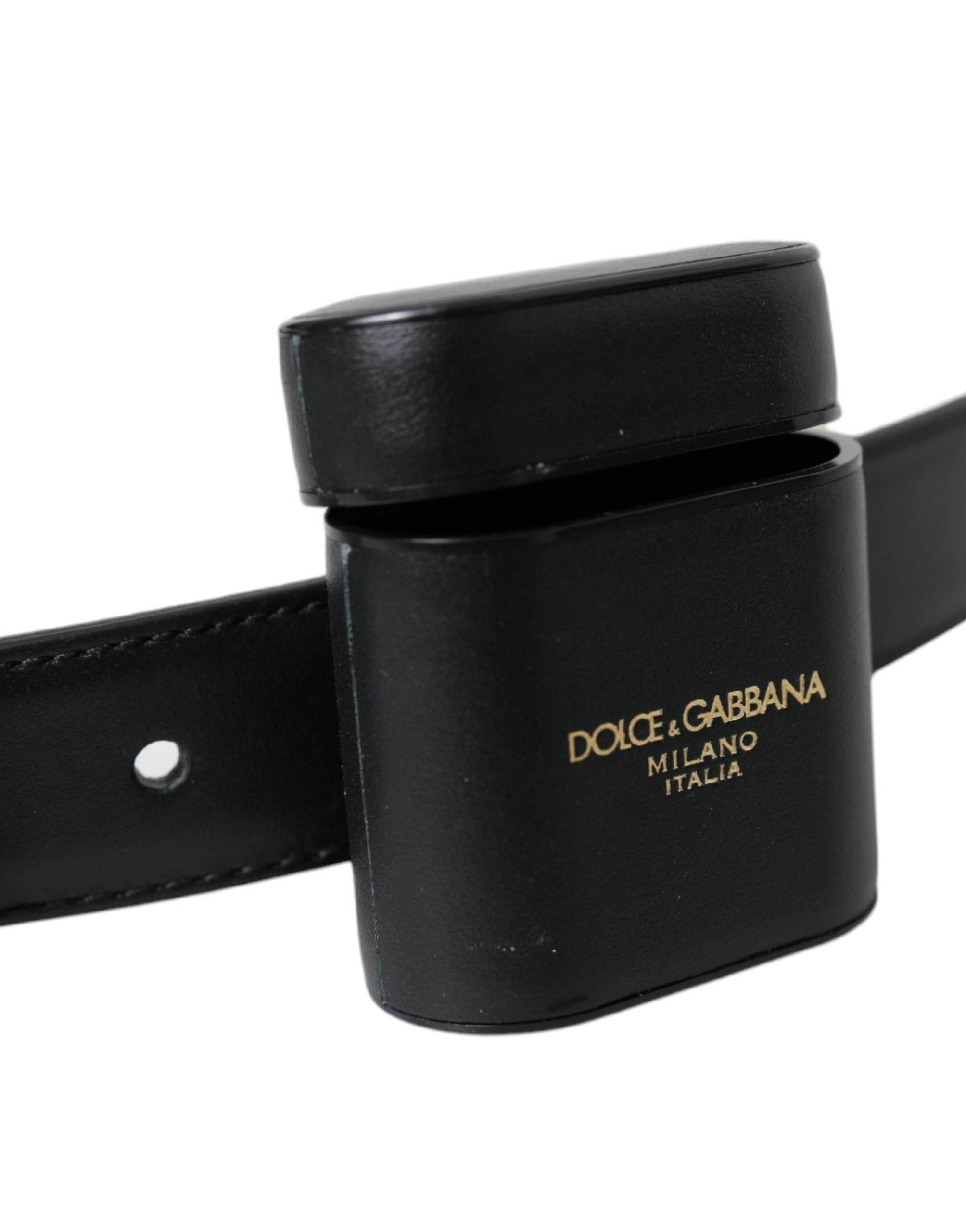 Dolce & Gabbana Black Leather Airpods Case Silver Buckle Belt - Hilstor