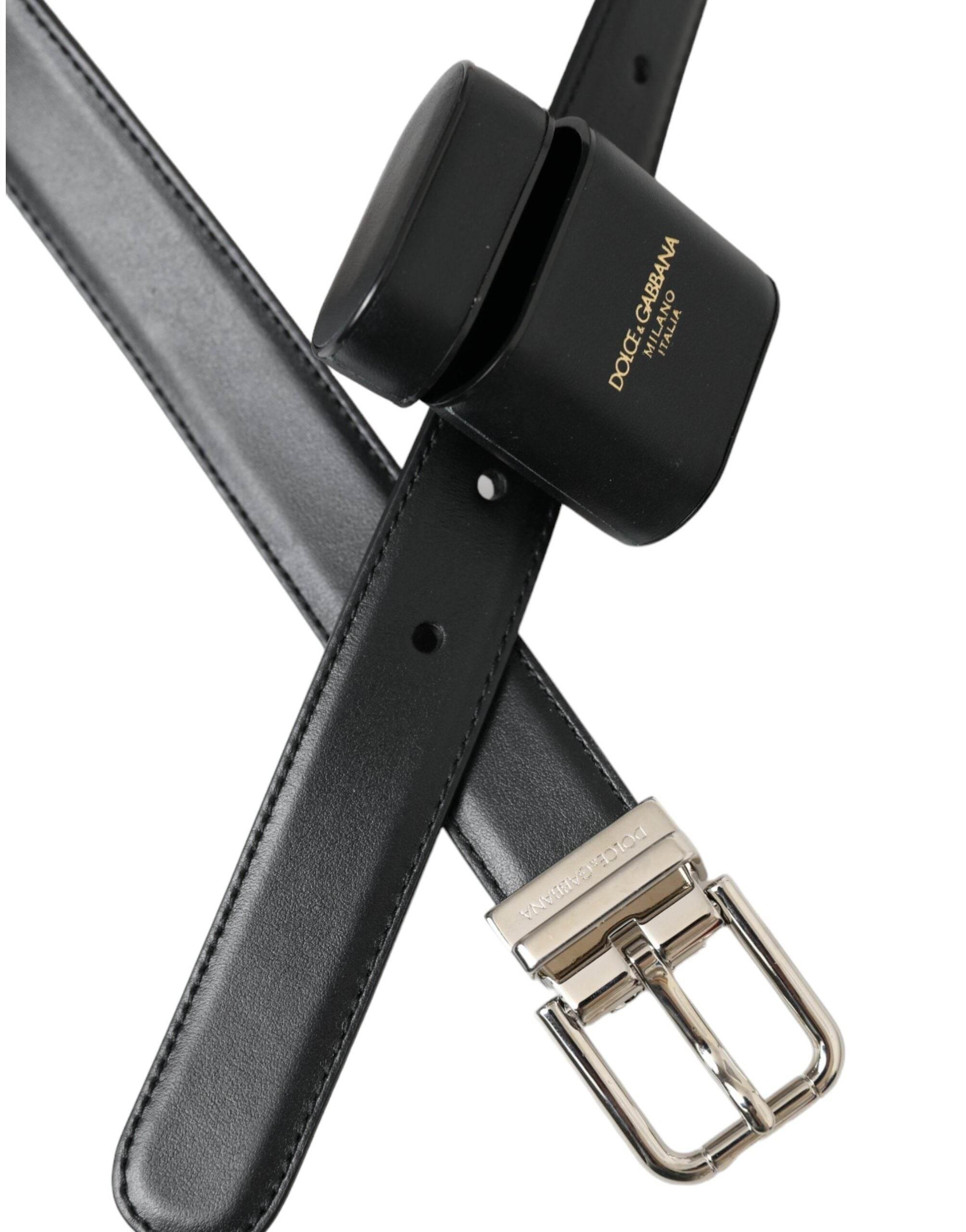 Dolce & Gabbana Black Leather Airpods Case Silver Buckle Belt - Hilstor