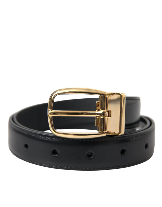 Dolce & Gabbana Black Calf Leather Gold Metal Buckle Belt - Hilstor