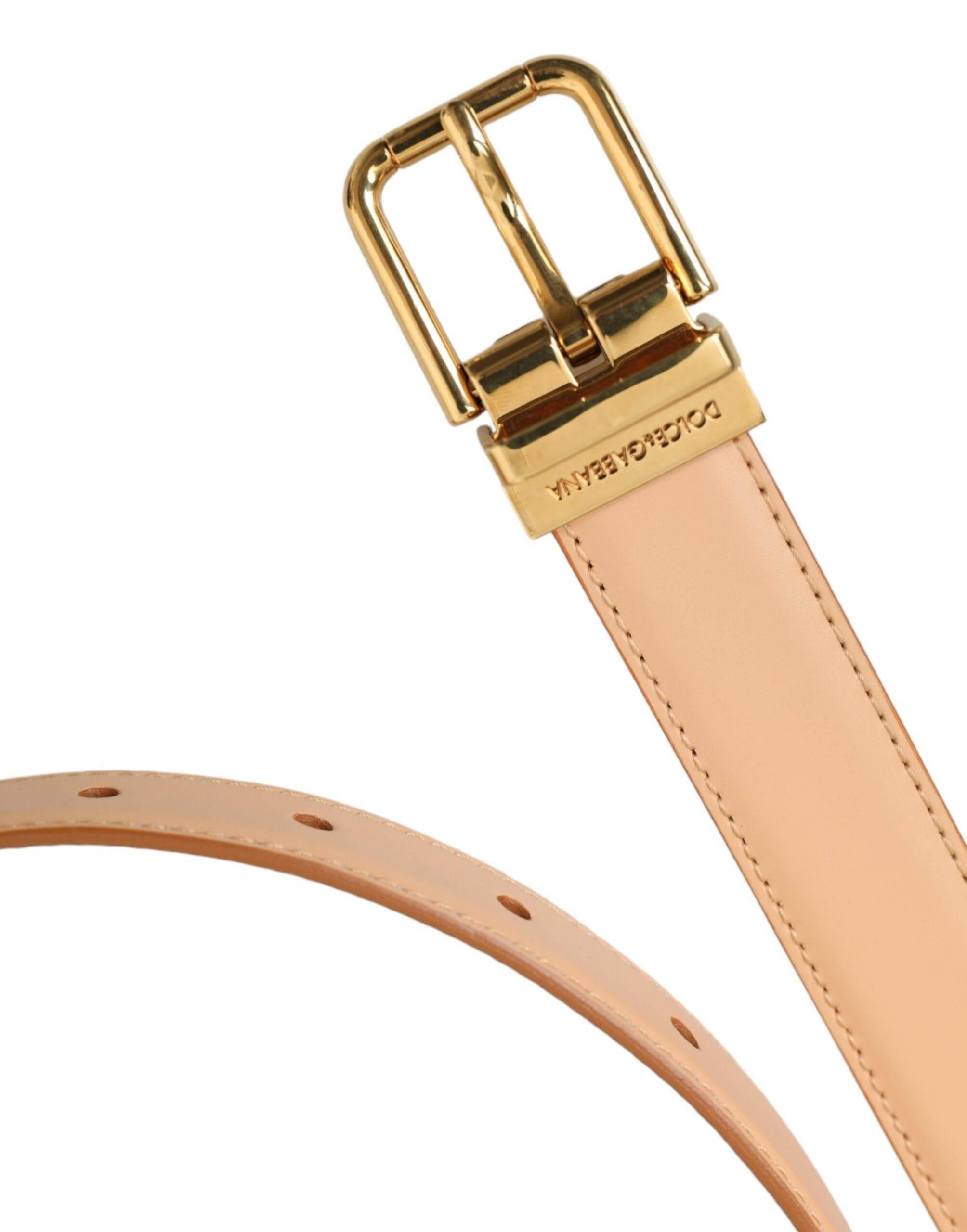 Dolce & Gabbana Beige Calfskin Leather Gold Metal Buckle Belt - Hilstor