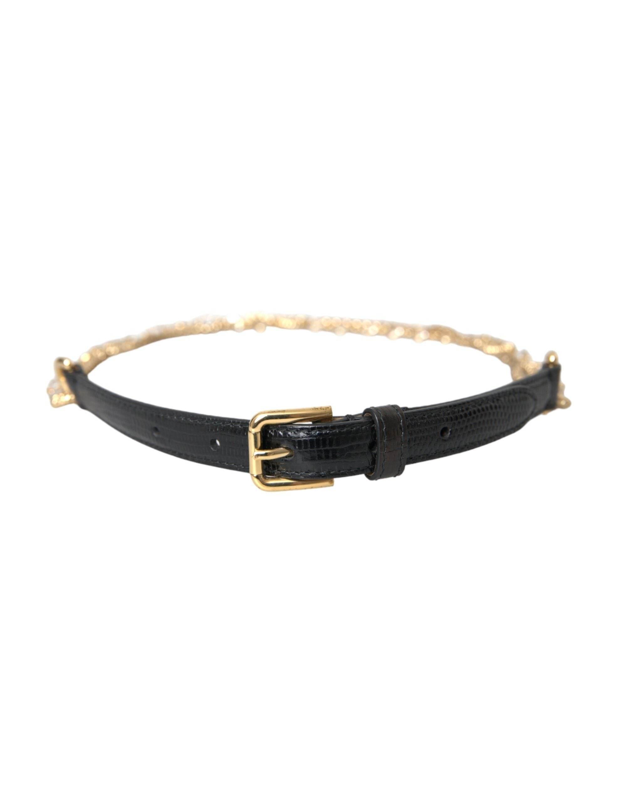 Dolce & Gabbana Black Leather Gold Chain Crystal Waist Women Belt - Hilstor