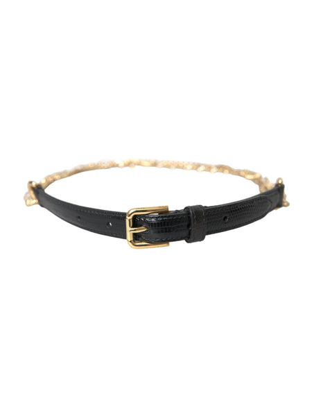 Dolce & Gabbana Black Leather Gold Chain Crystal Waist Women Belt - Hilstor