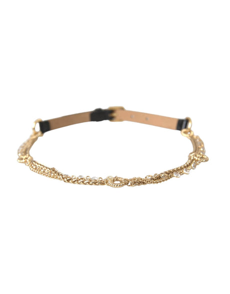 Dolce & Gabbana Black Leather Gold Chain Crystal Waist Women Belt - Hilstor