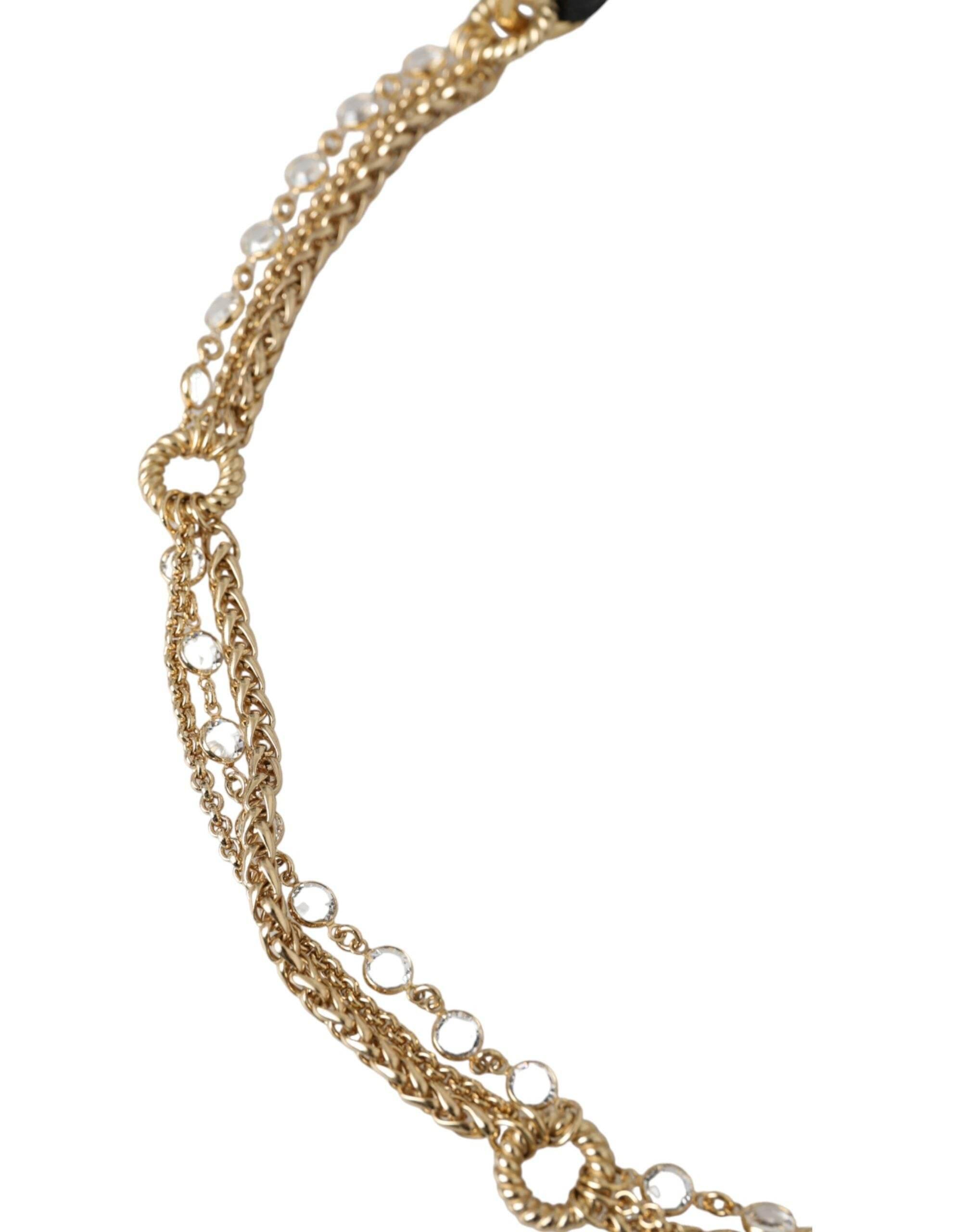 Dolce & Gabbana Black Leather Gold Chain Crystal Waist Women Belt - Hilstor