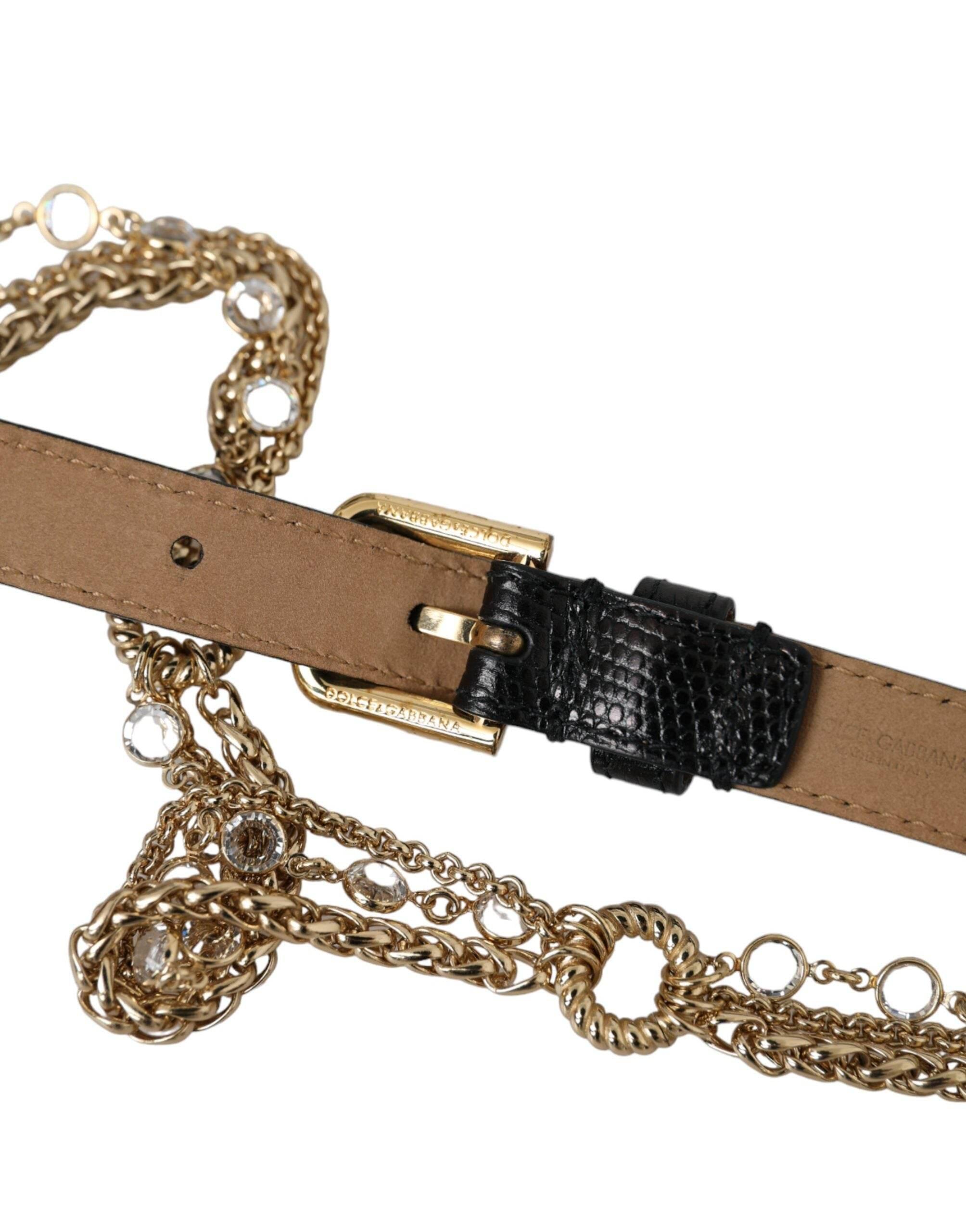 Dolce & Gabbana Black Leather Gold Chain Crystal Waist Women Belt - Hilstor