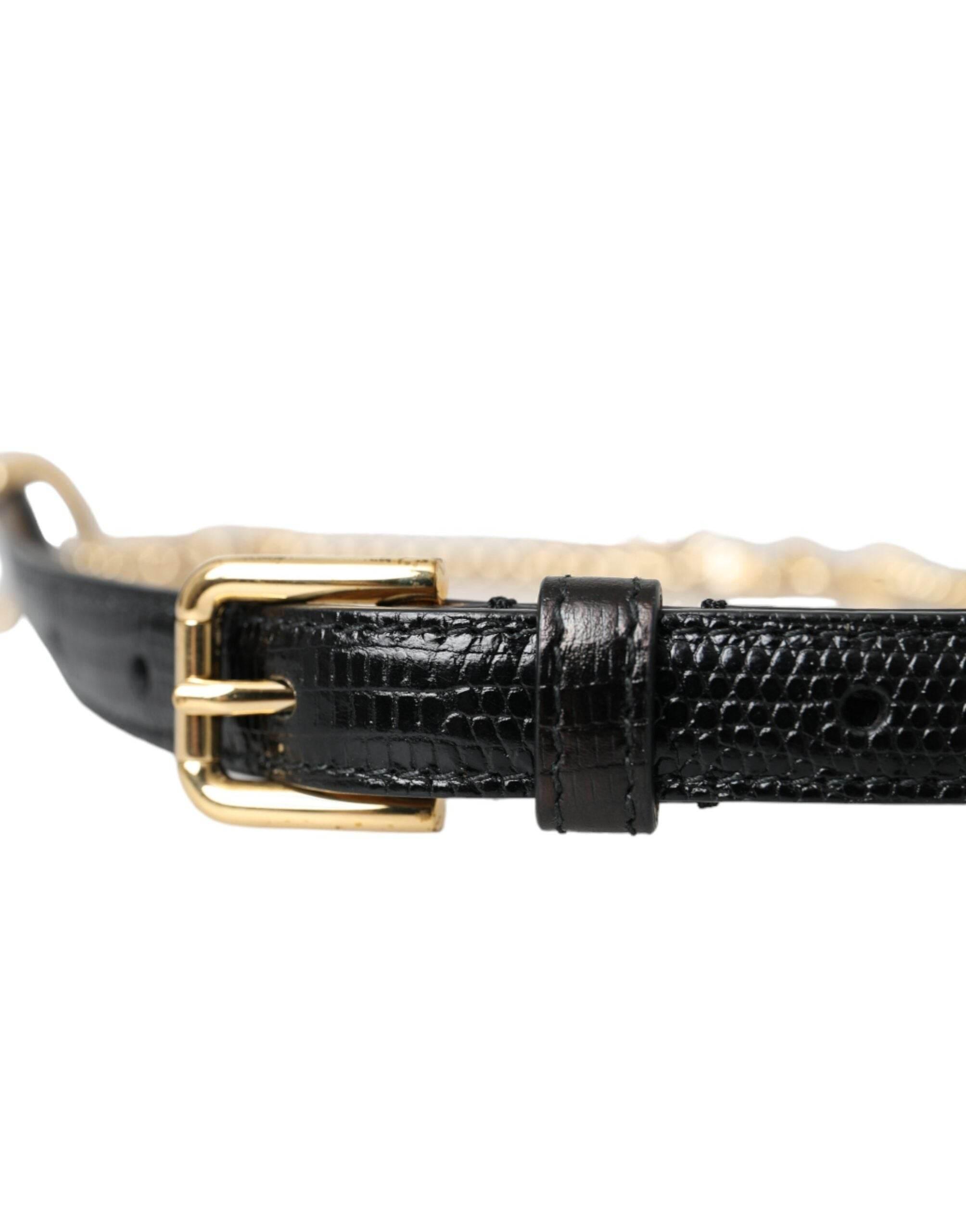 Dolce & Gabbana Black Leather Gold Chain Crystal Waist Women Belt - Hilstor