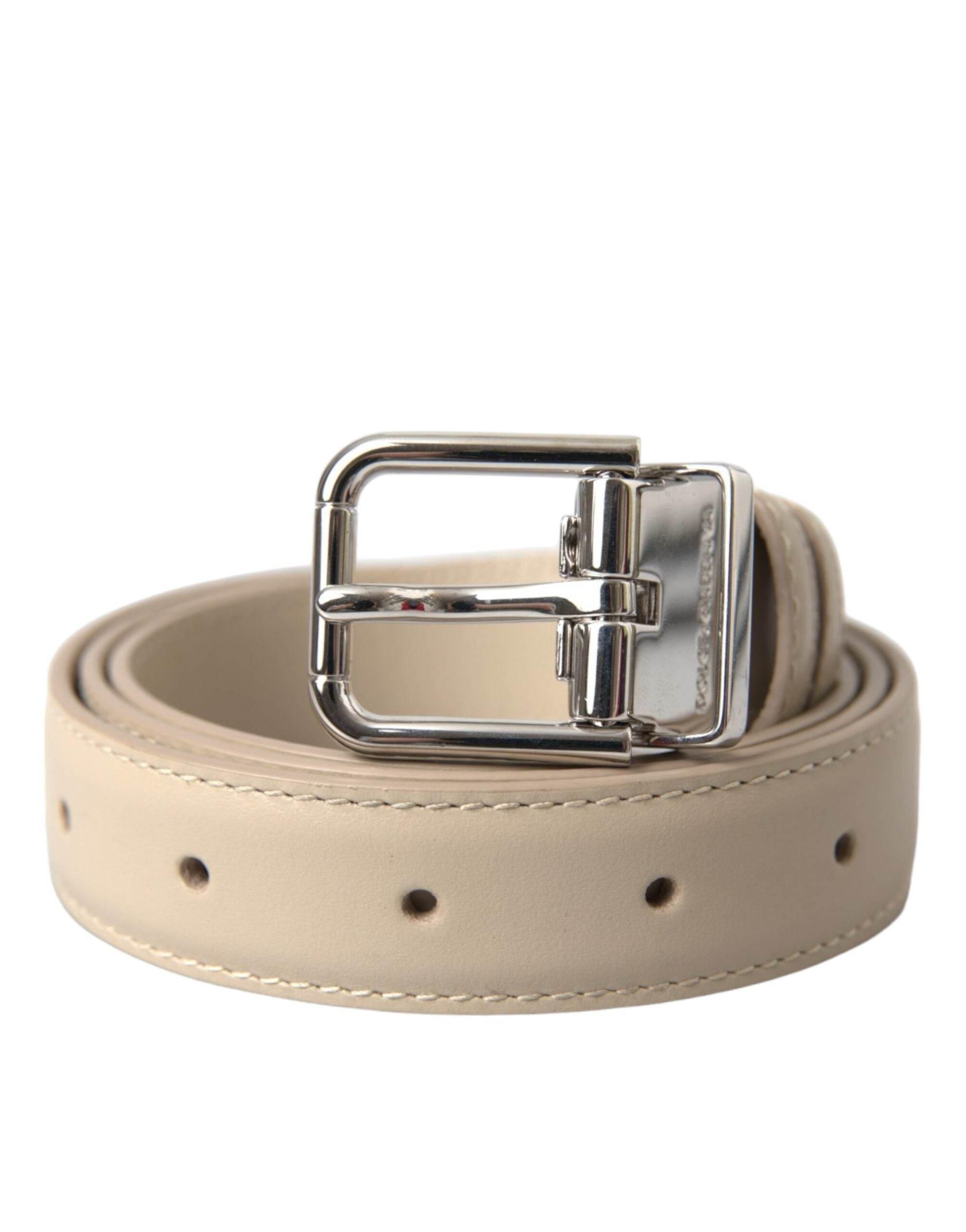 Dolce & Gabbana Beige Calfskin Leather Silver Metal Buckle Belt - Hilstor