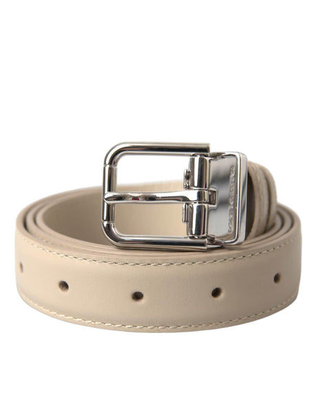 Dolce & Gabbana Beige Calfskin Leather Silver Metal Buckle Belt - Hilstor