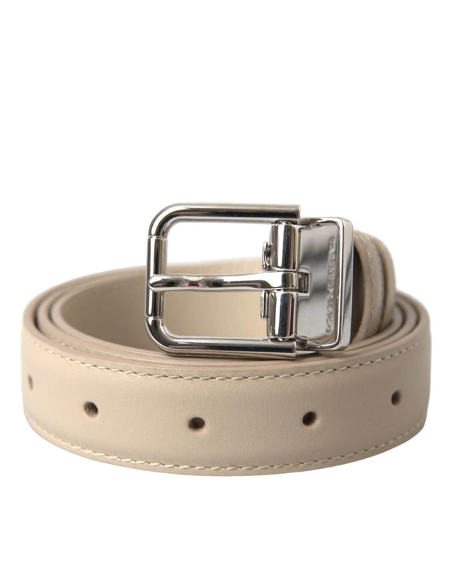 Dolce & Gabbana Beige Calfskin Leather Silver Metal Buckle Belt - Hilstor