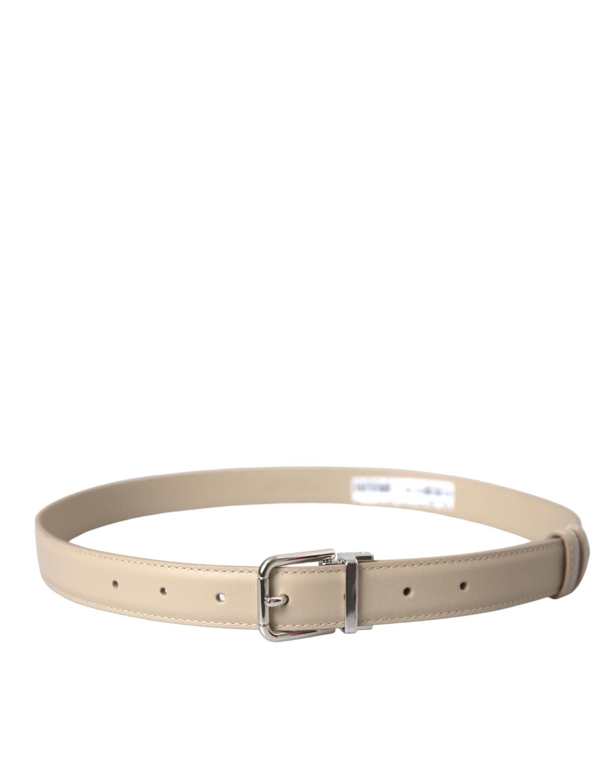 Dolce & Gabbana Beige Calfskin Leather Silver Metal Buckle Belt - Hilstor