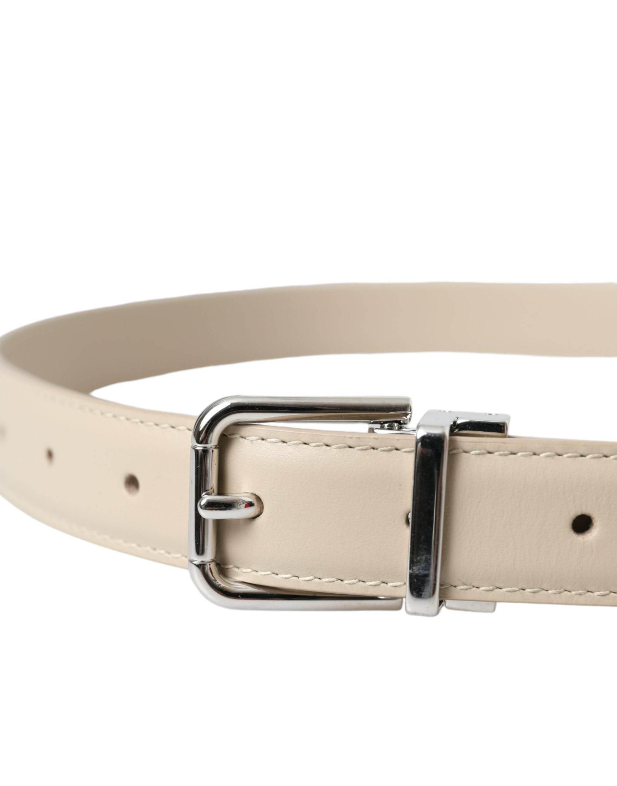 Dolce & Gabbana Beige Calfskin Leather Silver Metal Buckle Belt - Hilstor