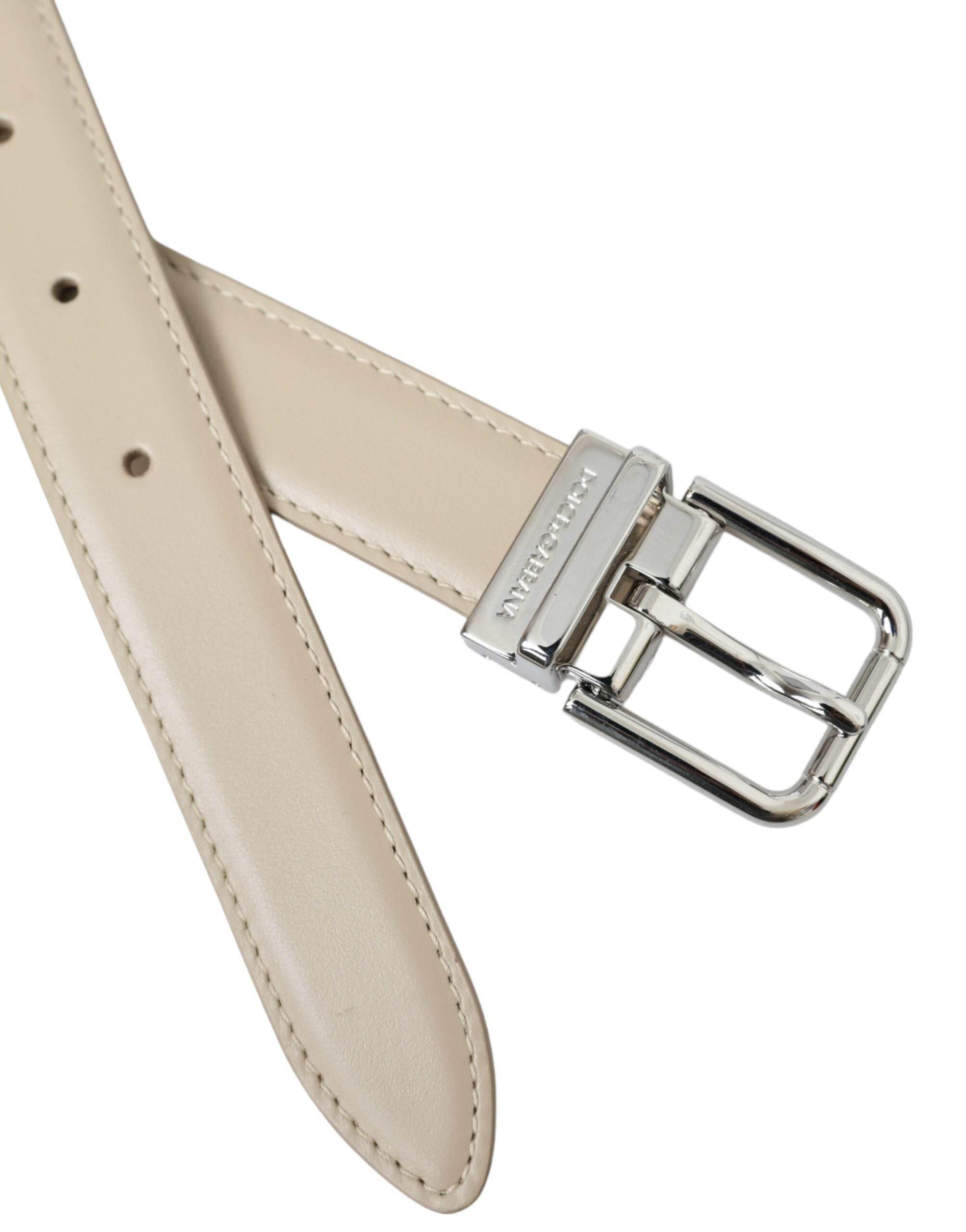 Dolce & Gabbana Beige Calfskin Leather Silver Metal Buckle Belt - Hilstor
